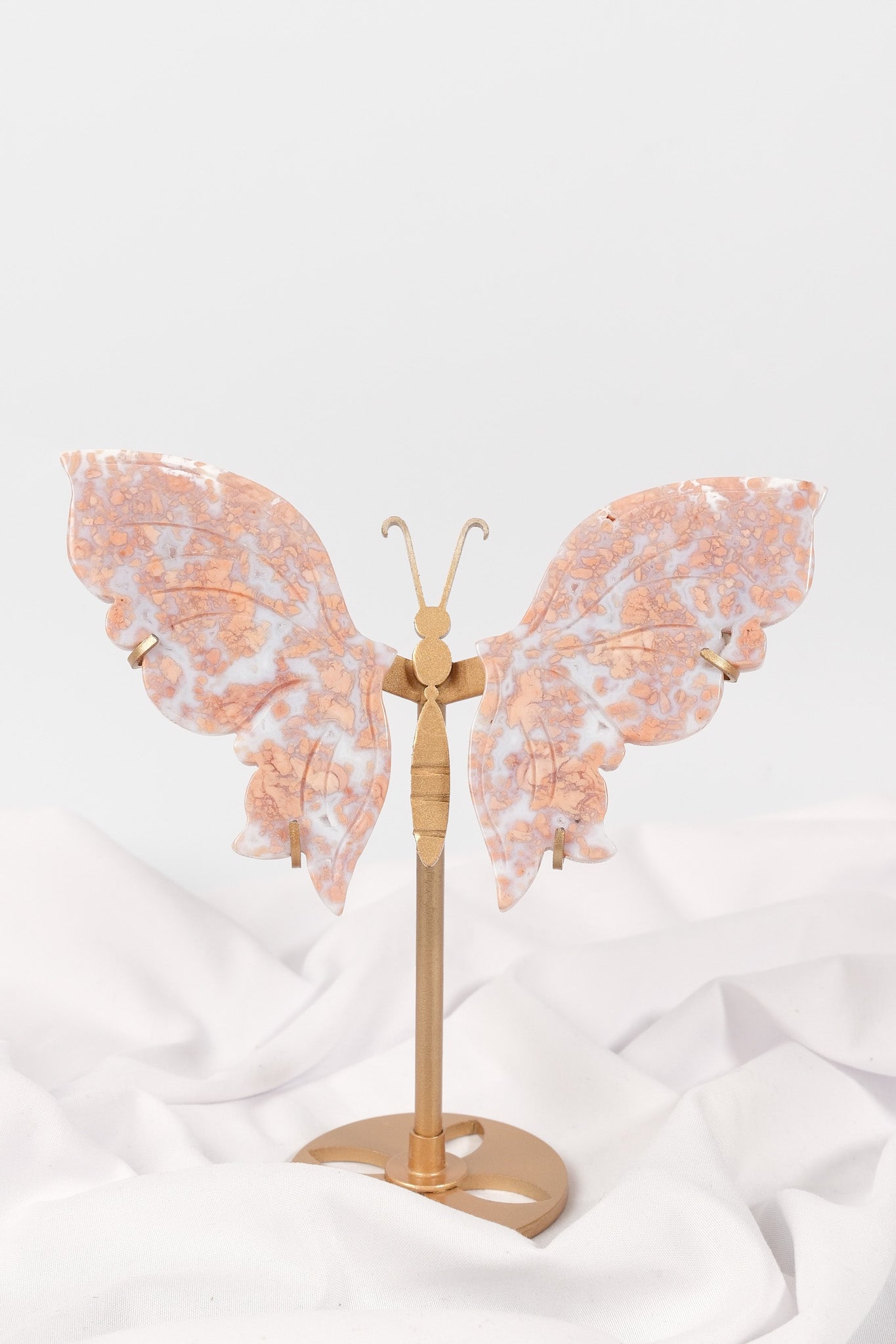 Pink Agate Butterfly Wings on Gold Stand