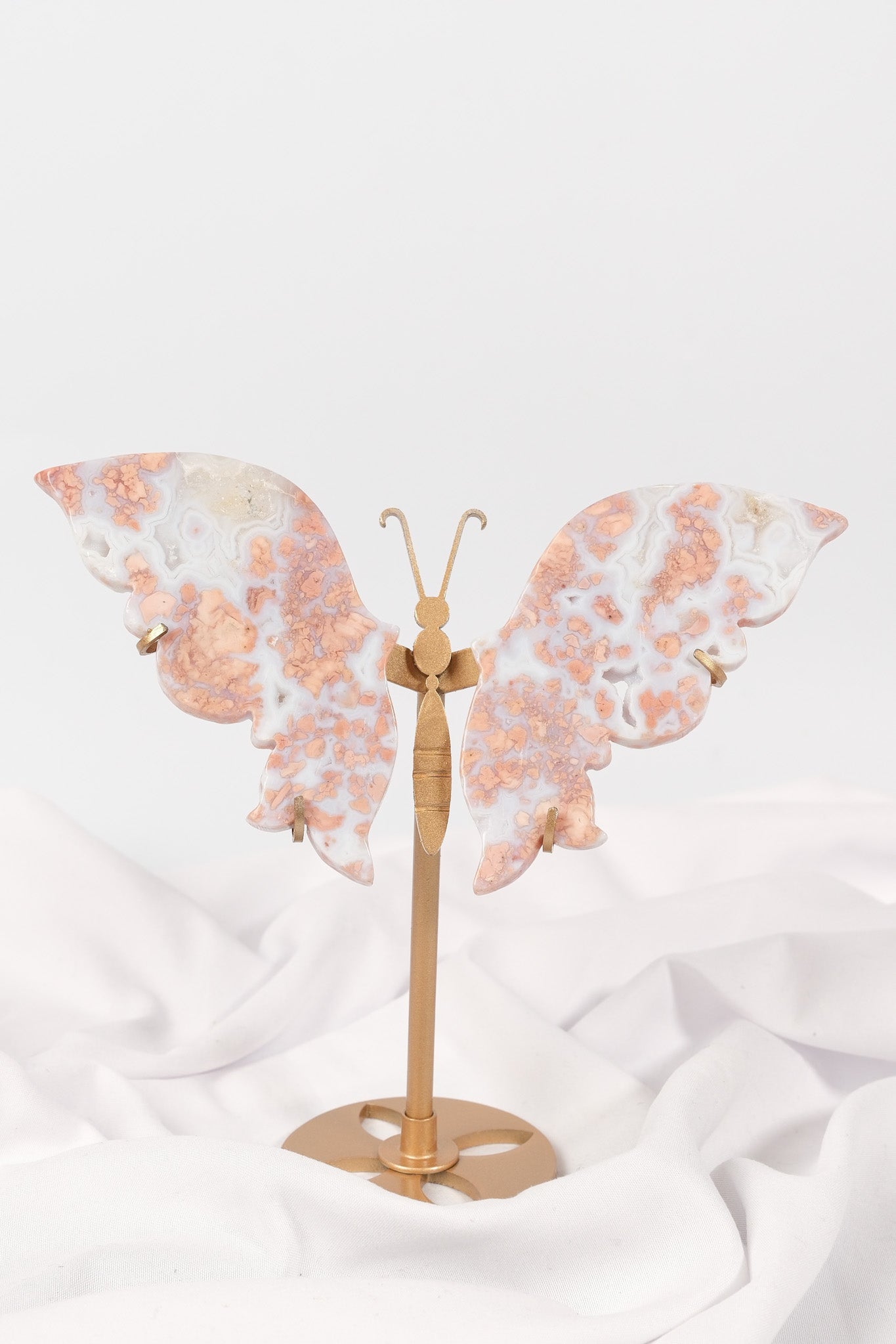 Pink Agate Butterfly Wings on Gold Stand