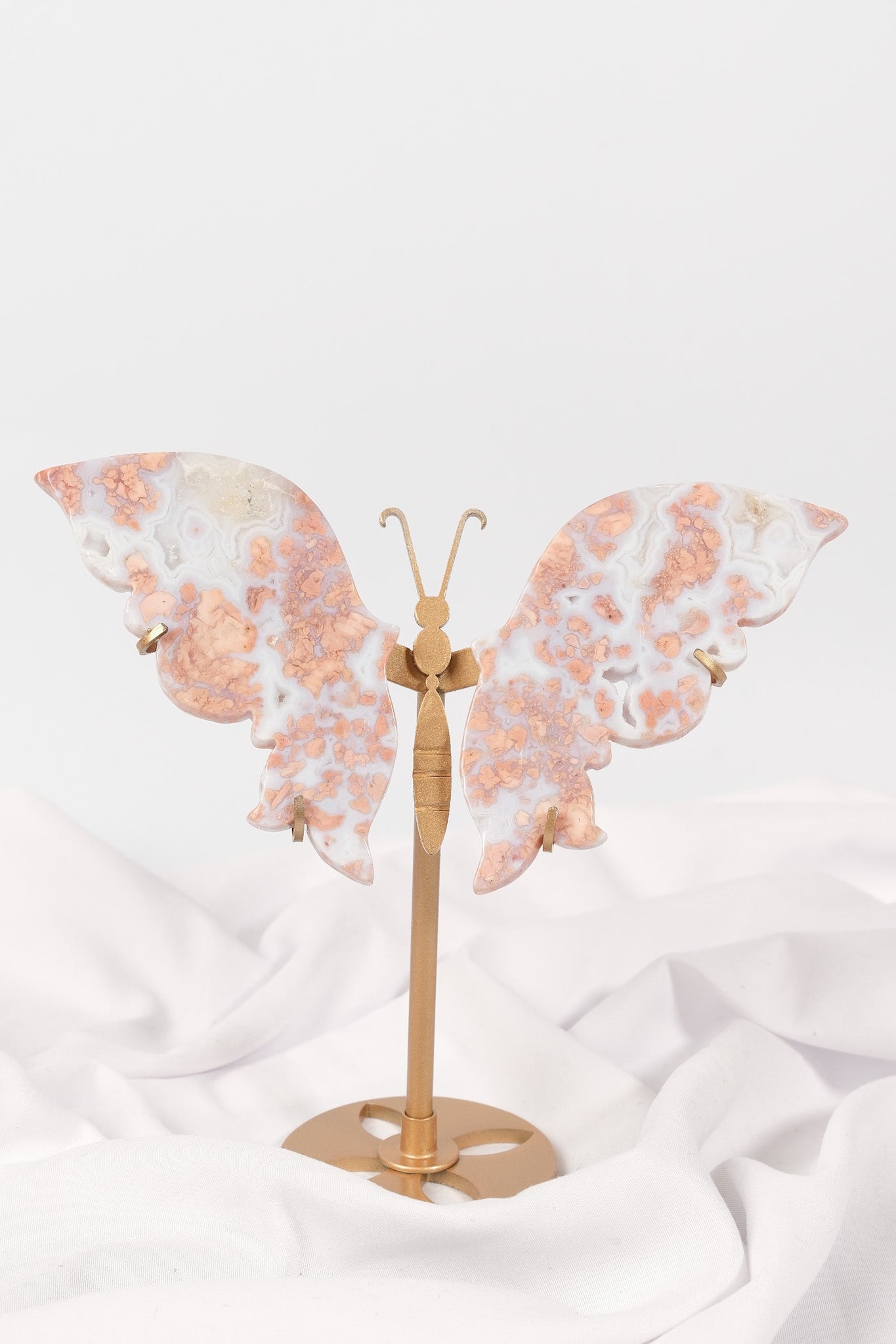 Pink Agate Butterfly Wings on Gold Stand