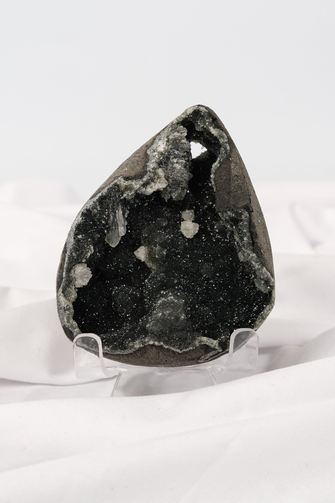 Apophyllite on Black Chalcedony Cluster on Stand