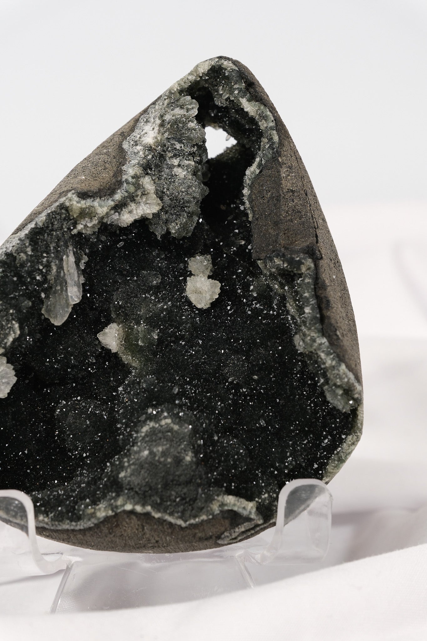 Apophyllite on Black Chalcedony Cluster on Stand