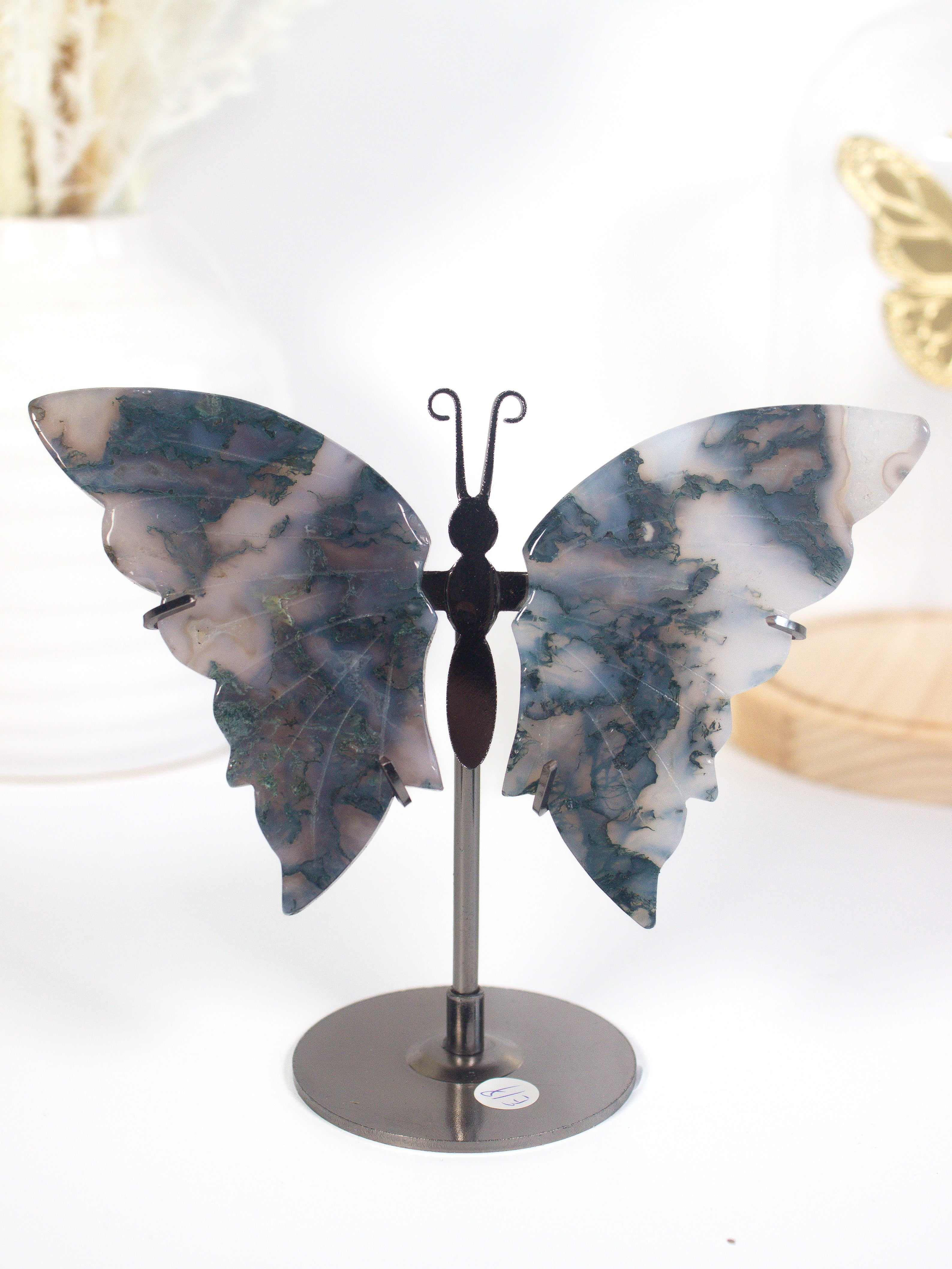 Moss Agate Butterfly on Stand