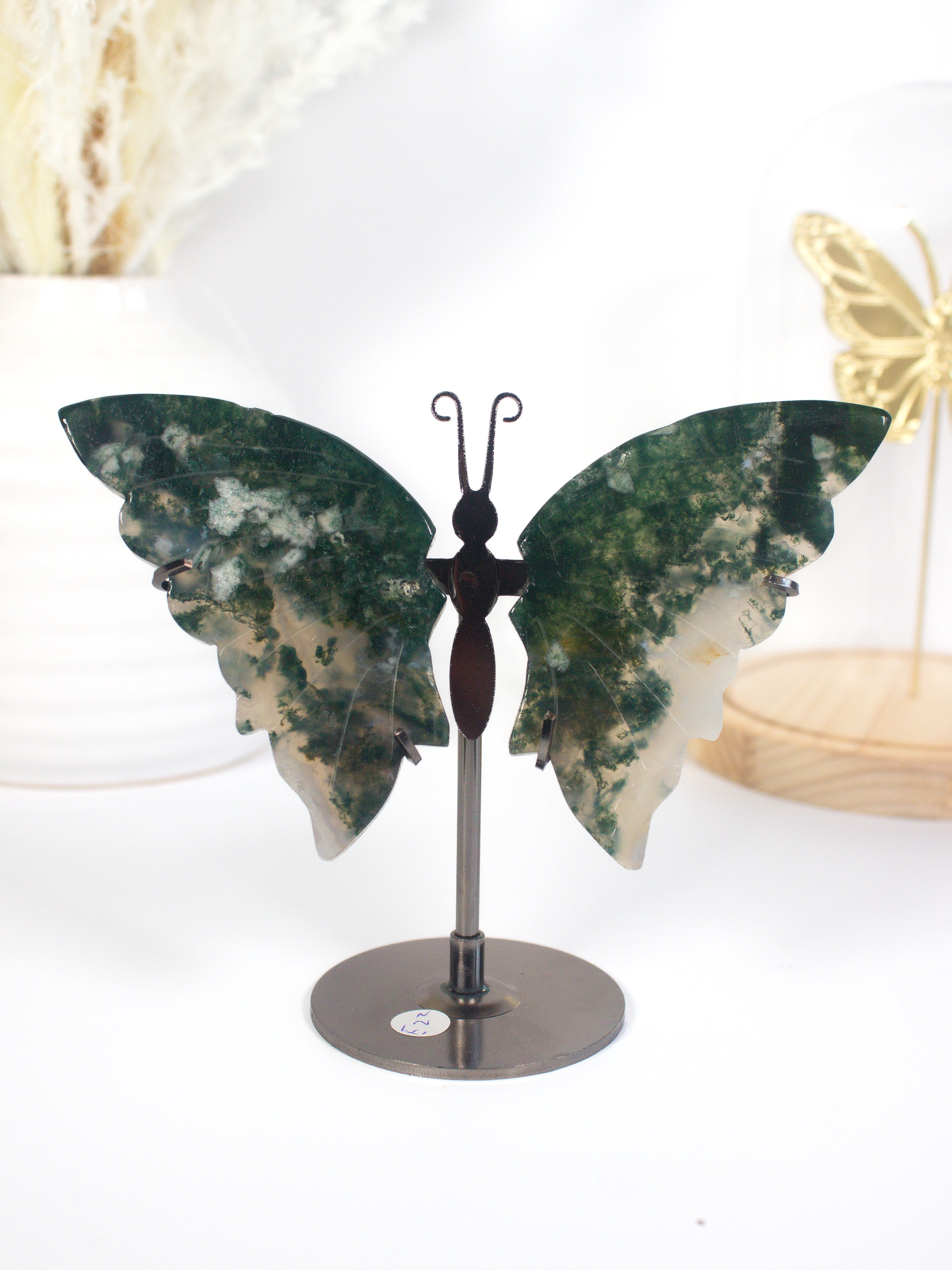 Moss Agate Butterfly on Stand