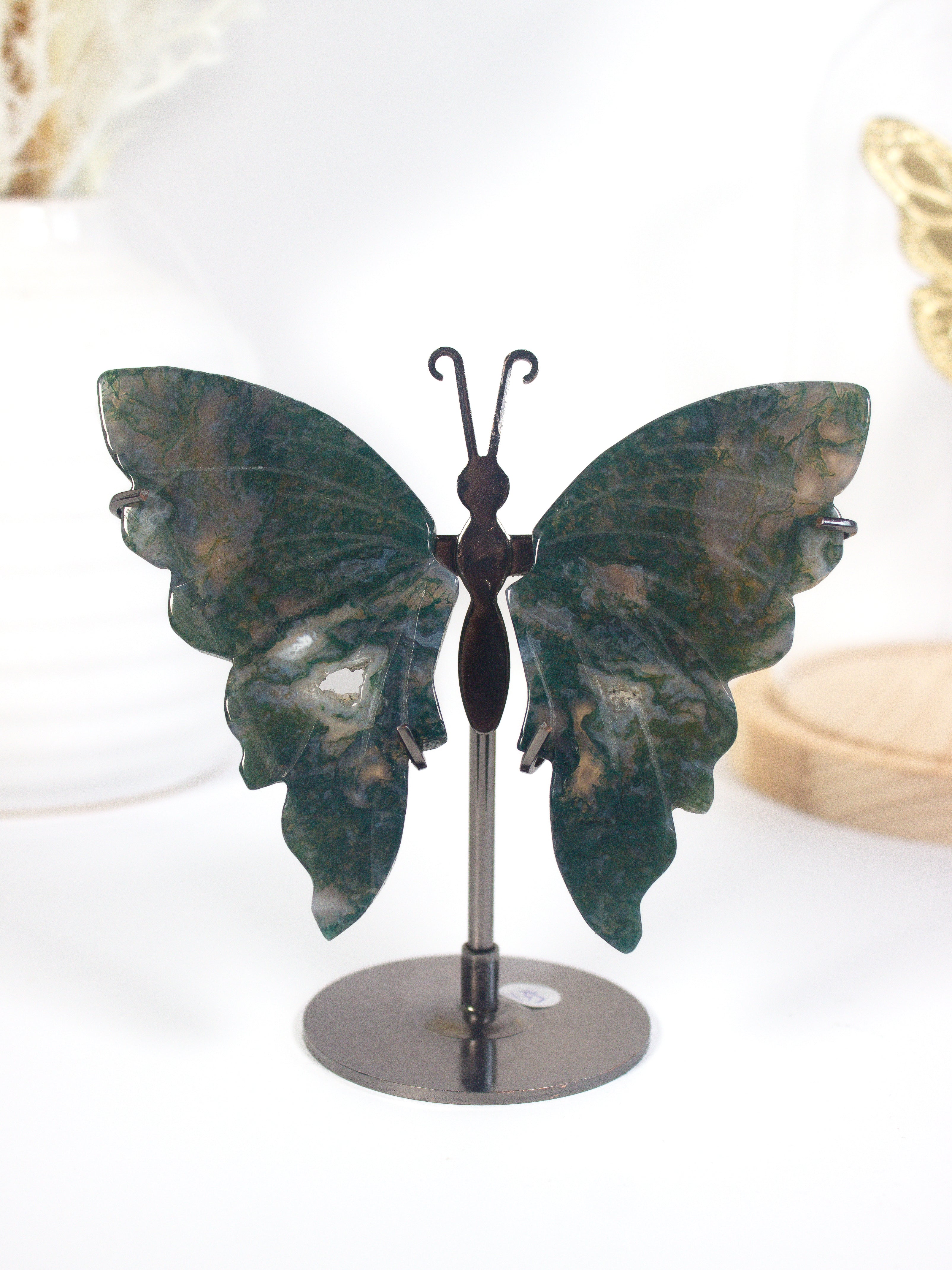 Moss Agate Butterfly on Stand