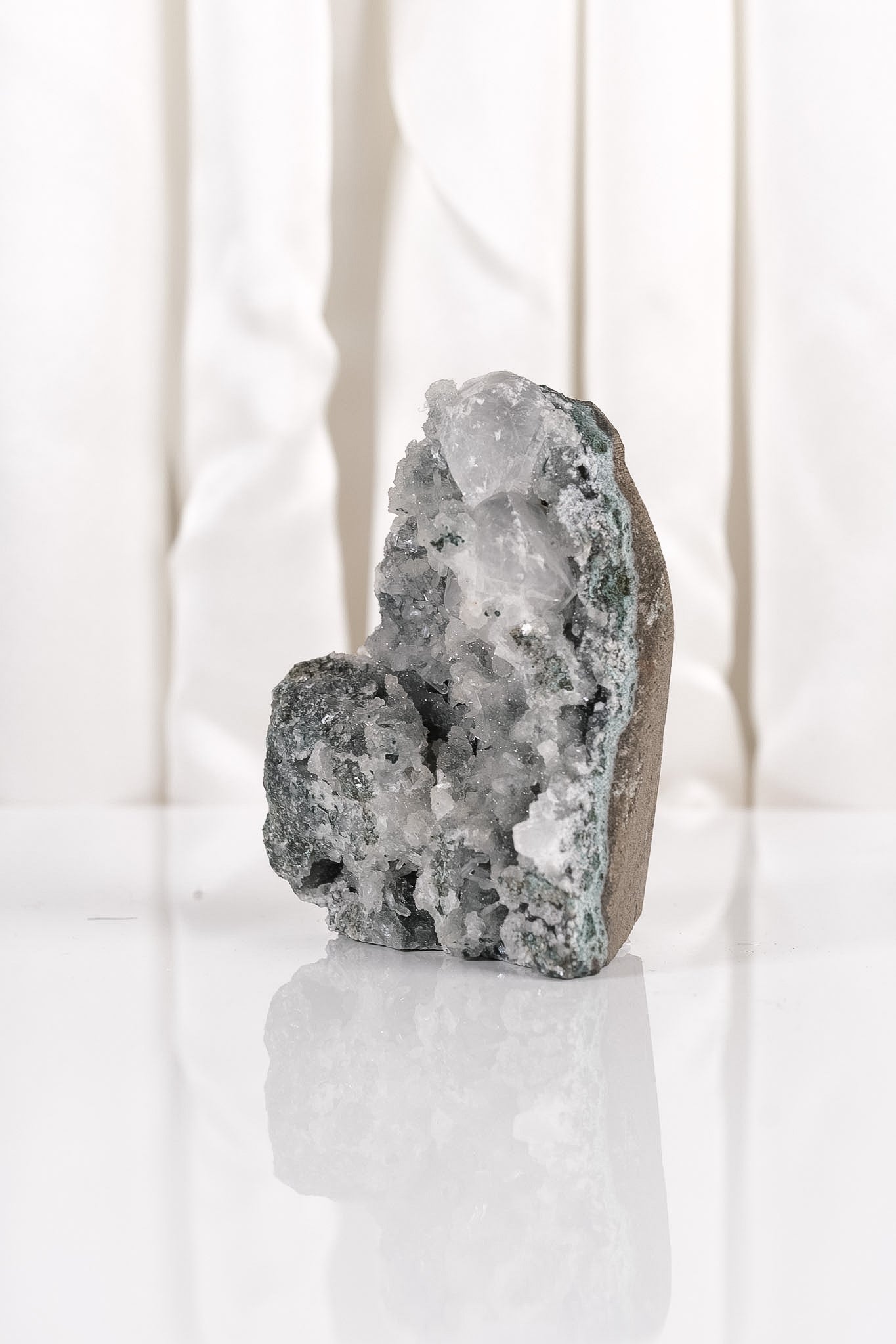 Apophyllite on Green Chalcedony