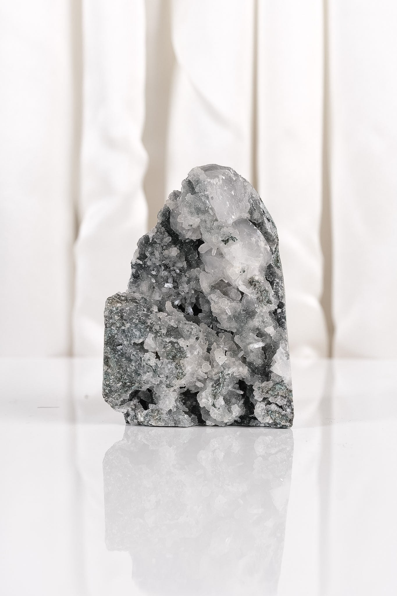 Apophyllite on Green Chalcedony