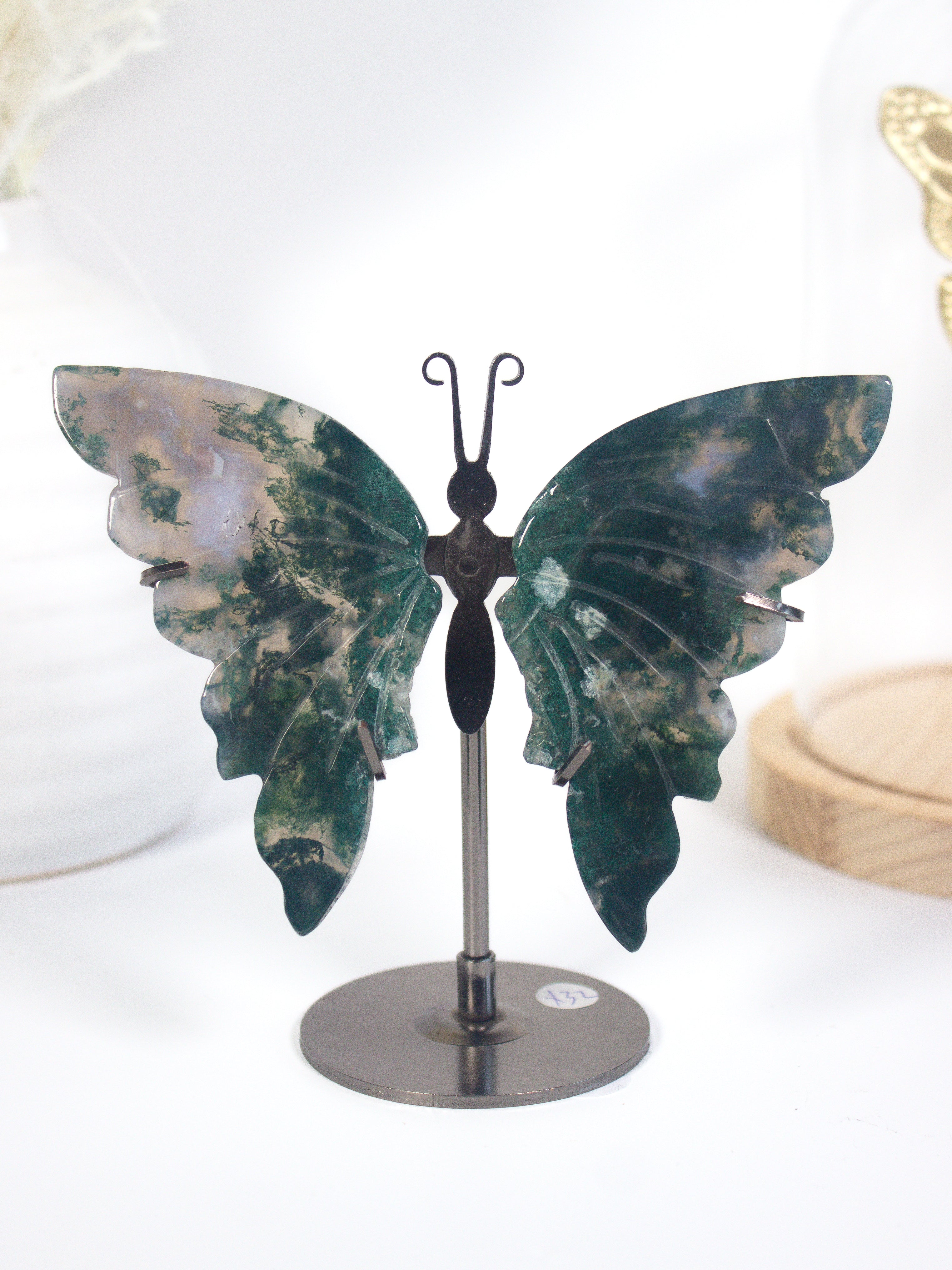 Moss Agate Butterfly on Stand