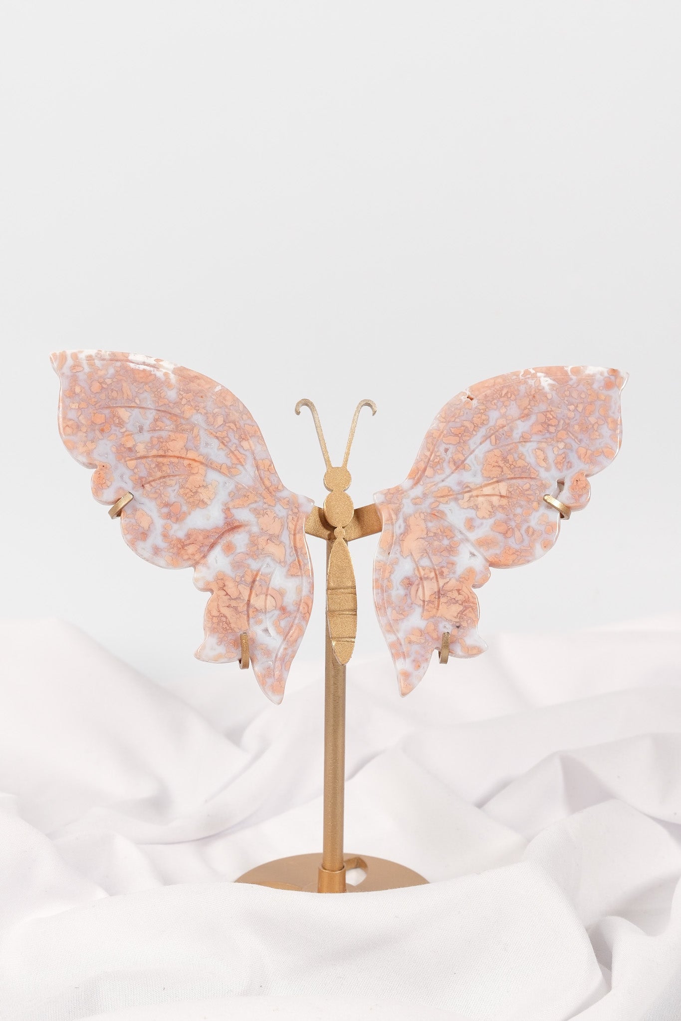 Pink Agate Butterfly Wings on Gold Stand