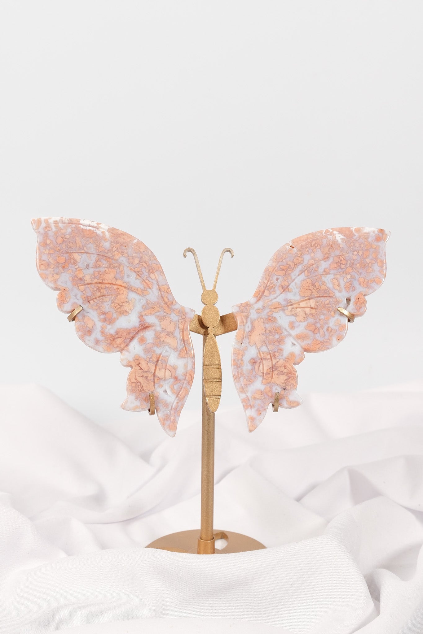 Pink Agate Butterfly Wings on Gold Stand