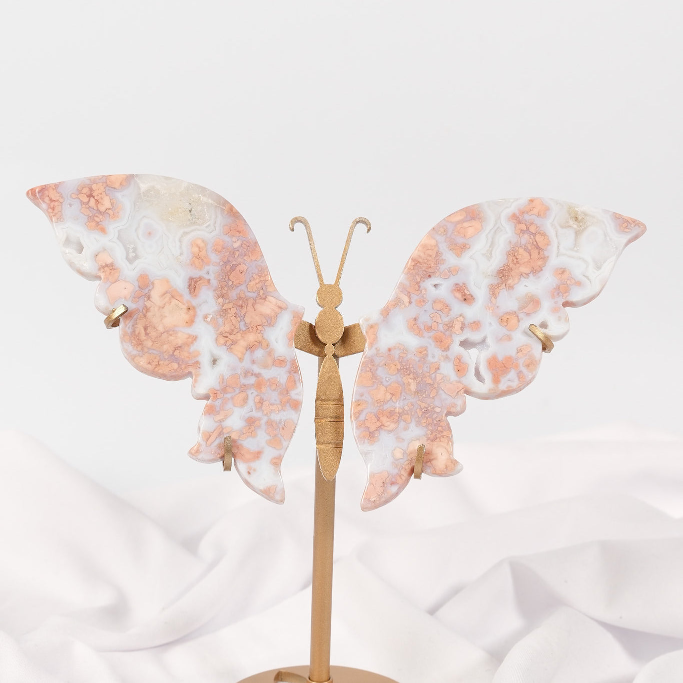 Pink Agate Butterfly Wings on Gold Stand