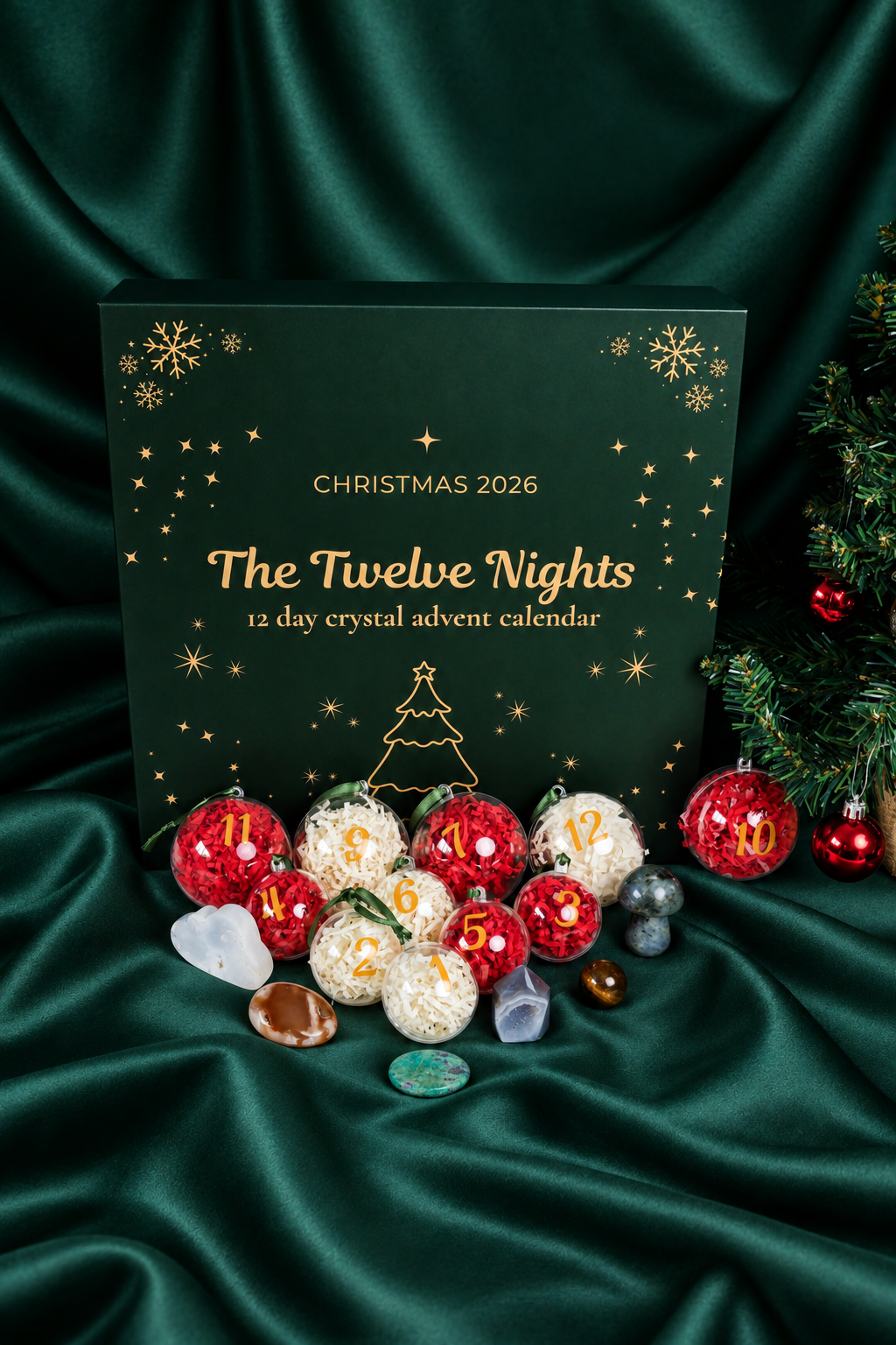 The Twelve Nights crystal advent calendar with 12 crystal-filled Christmas baubles