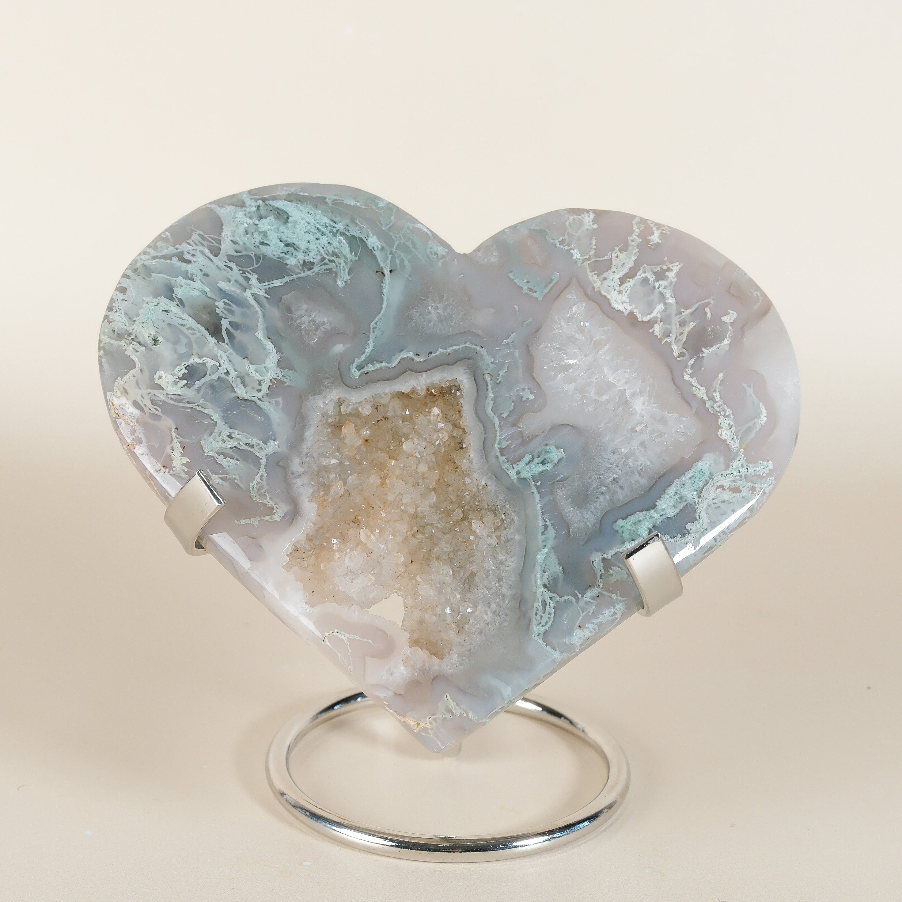 Moss Agate Heart On Stand