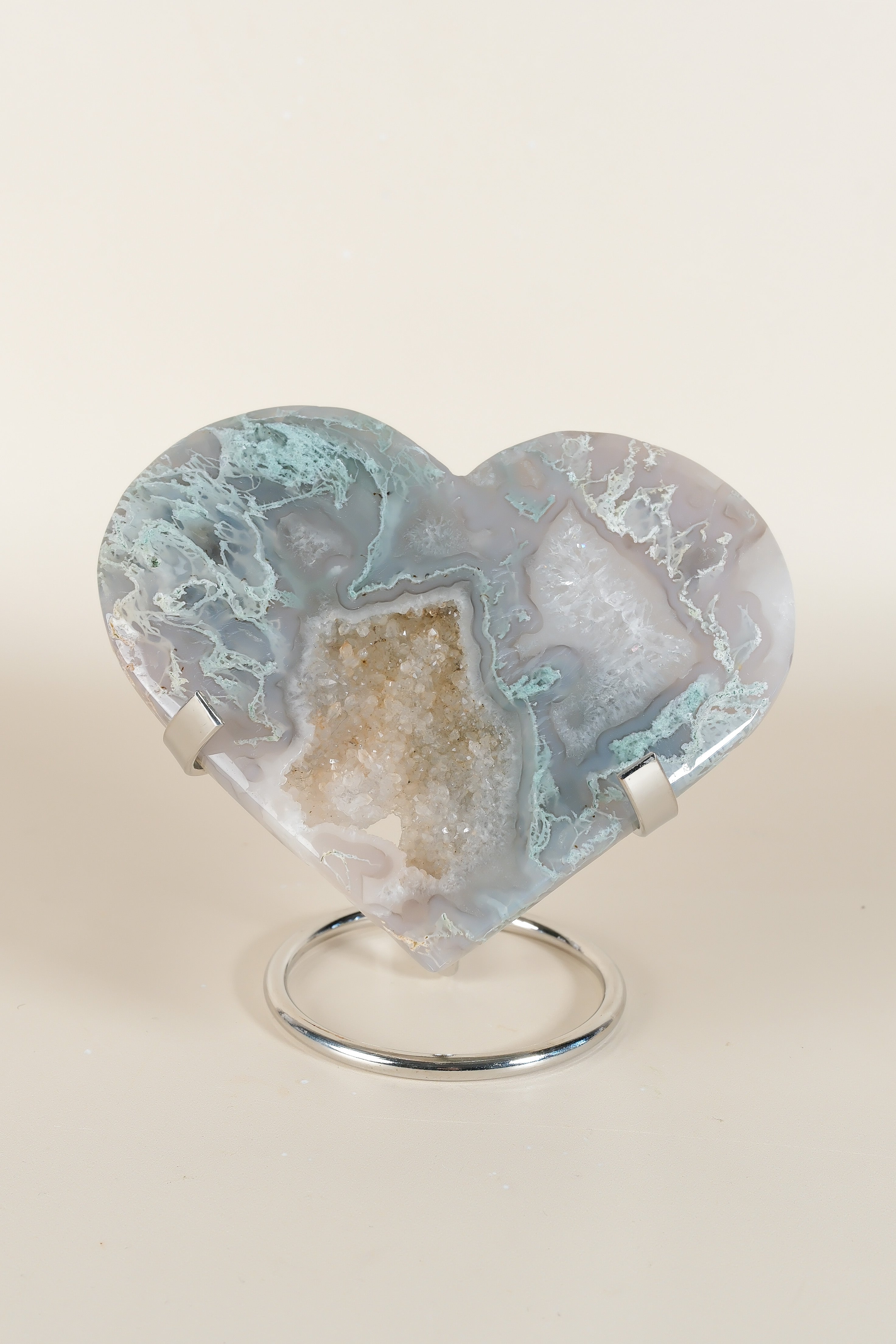 Moss Agate Heart On Stand