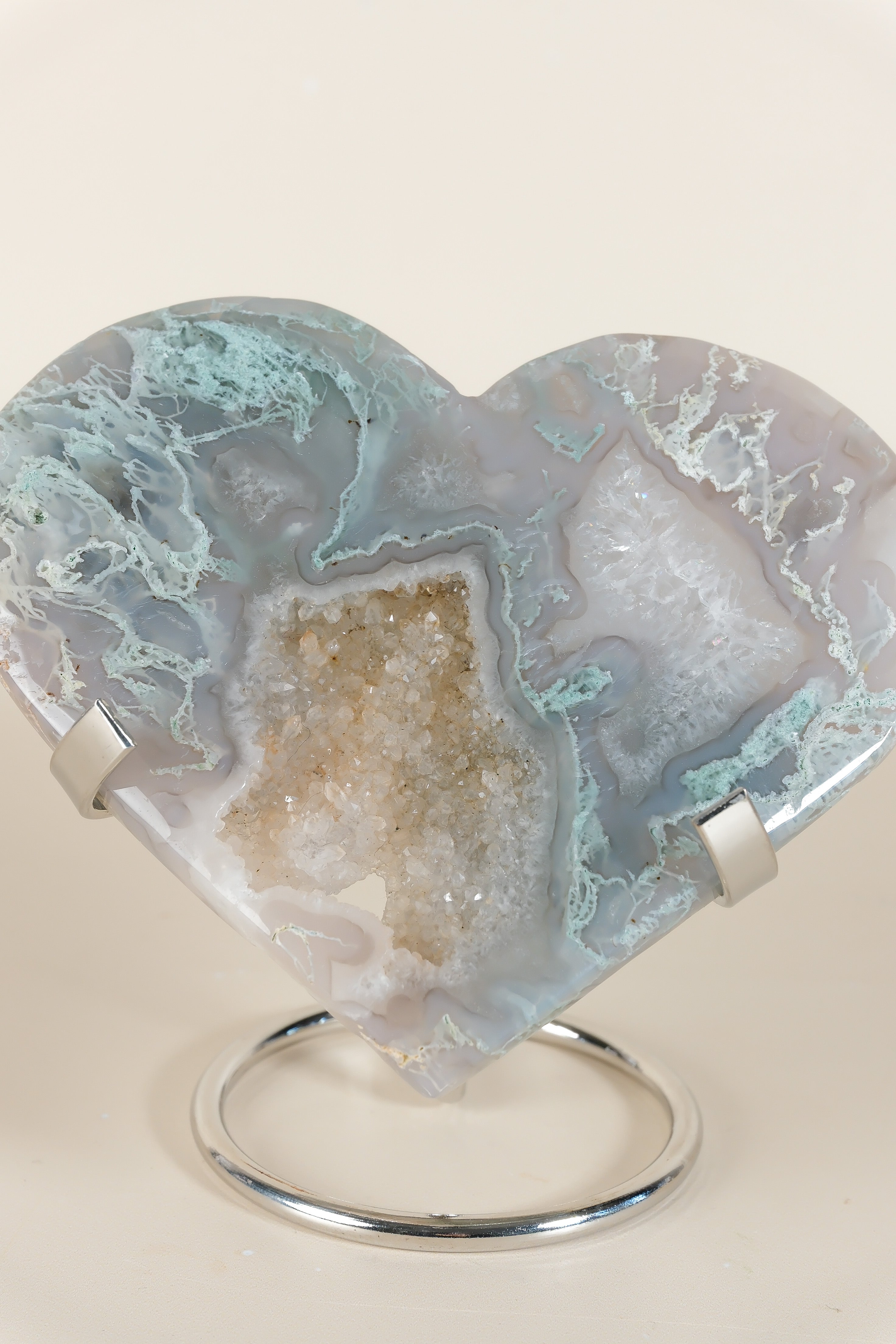 Moss Agate Heart On Stand