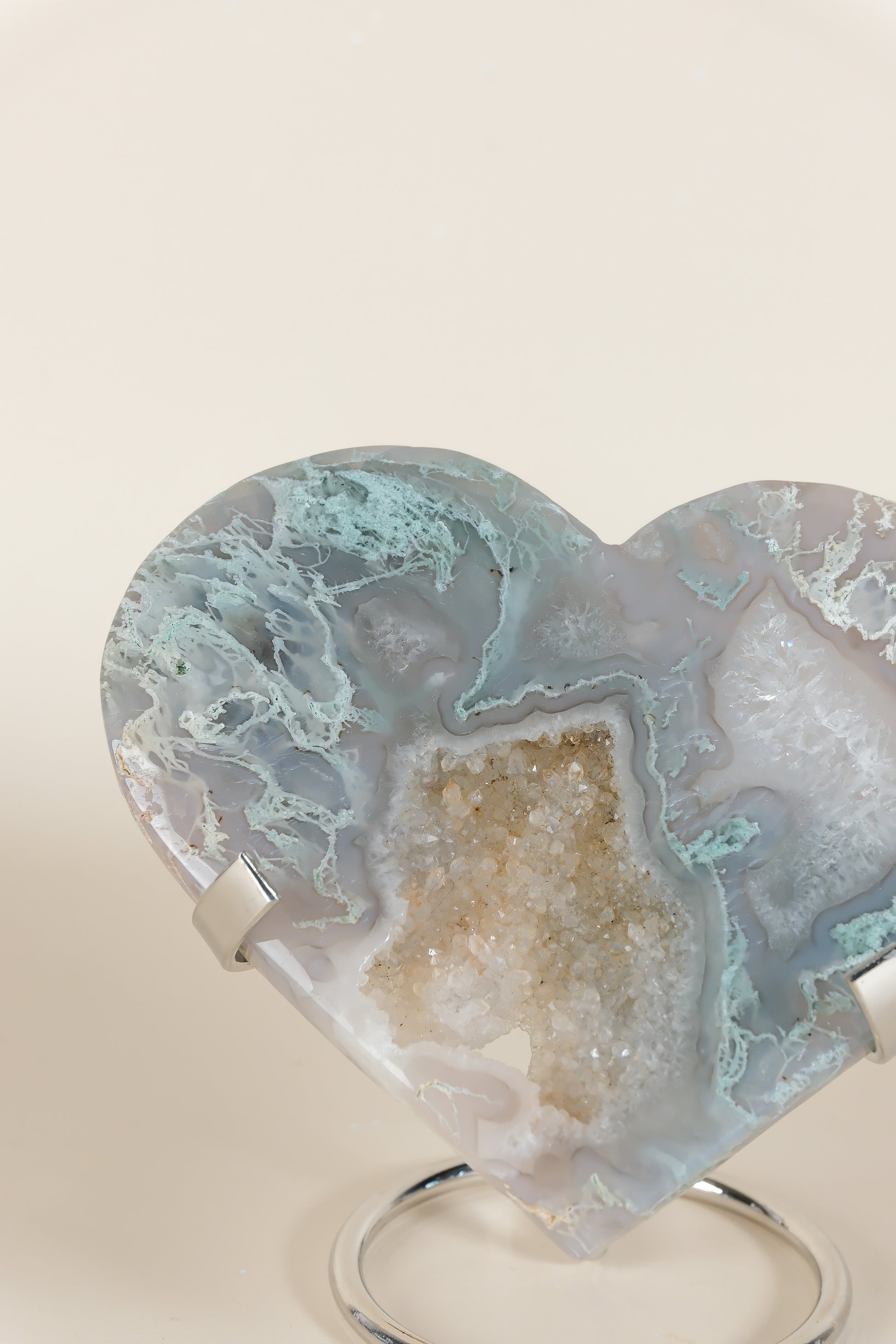 Moss Agate Heart On Stand