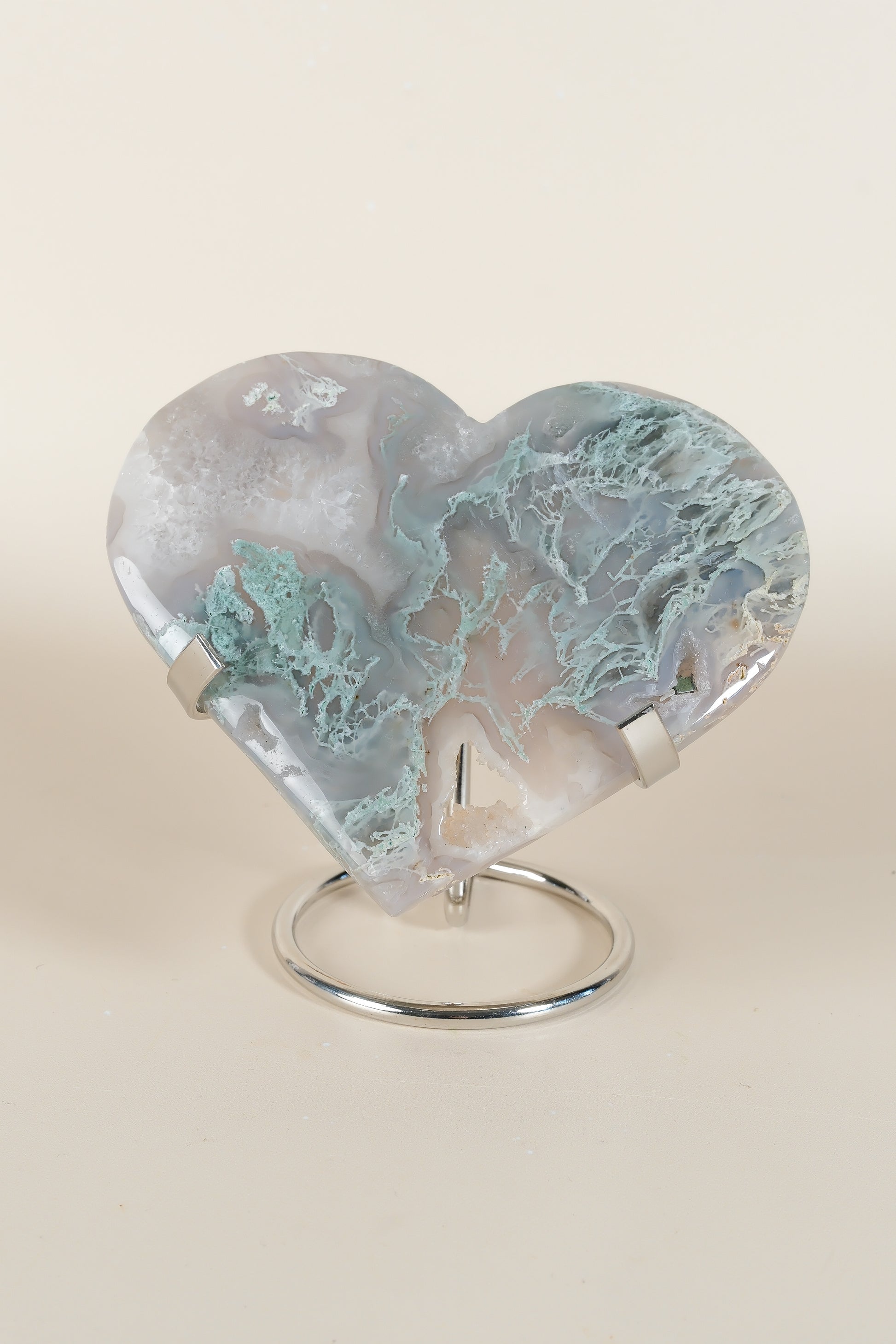 Moss Agate Heart On Stand