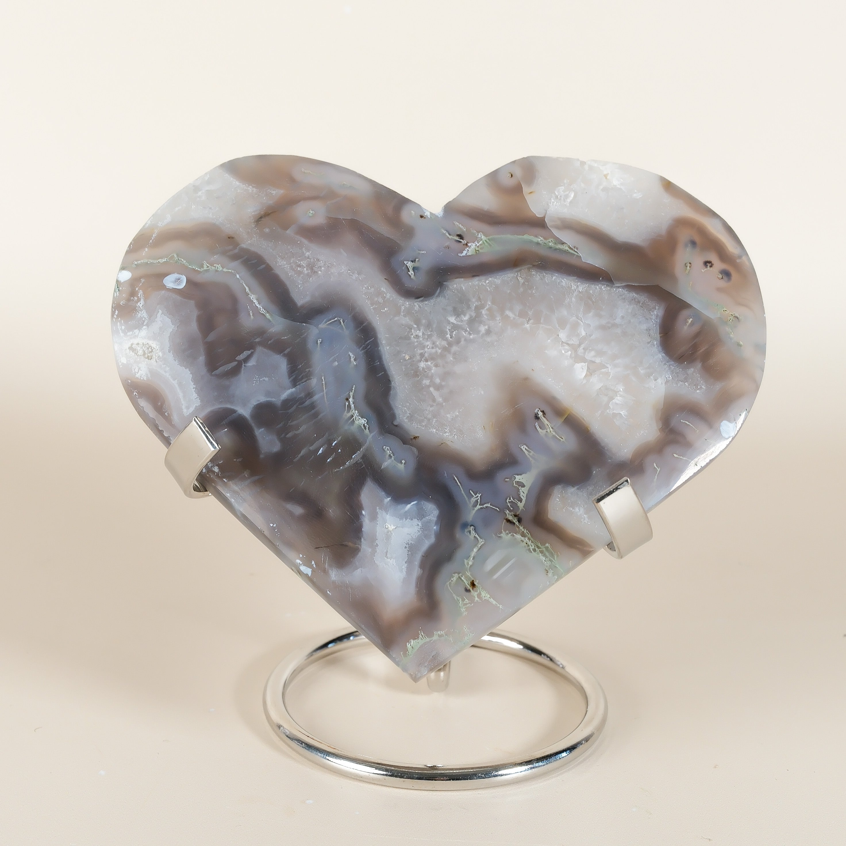 Moss Agate Heart On Stand