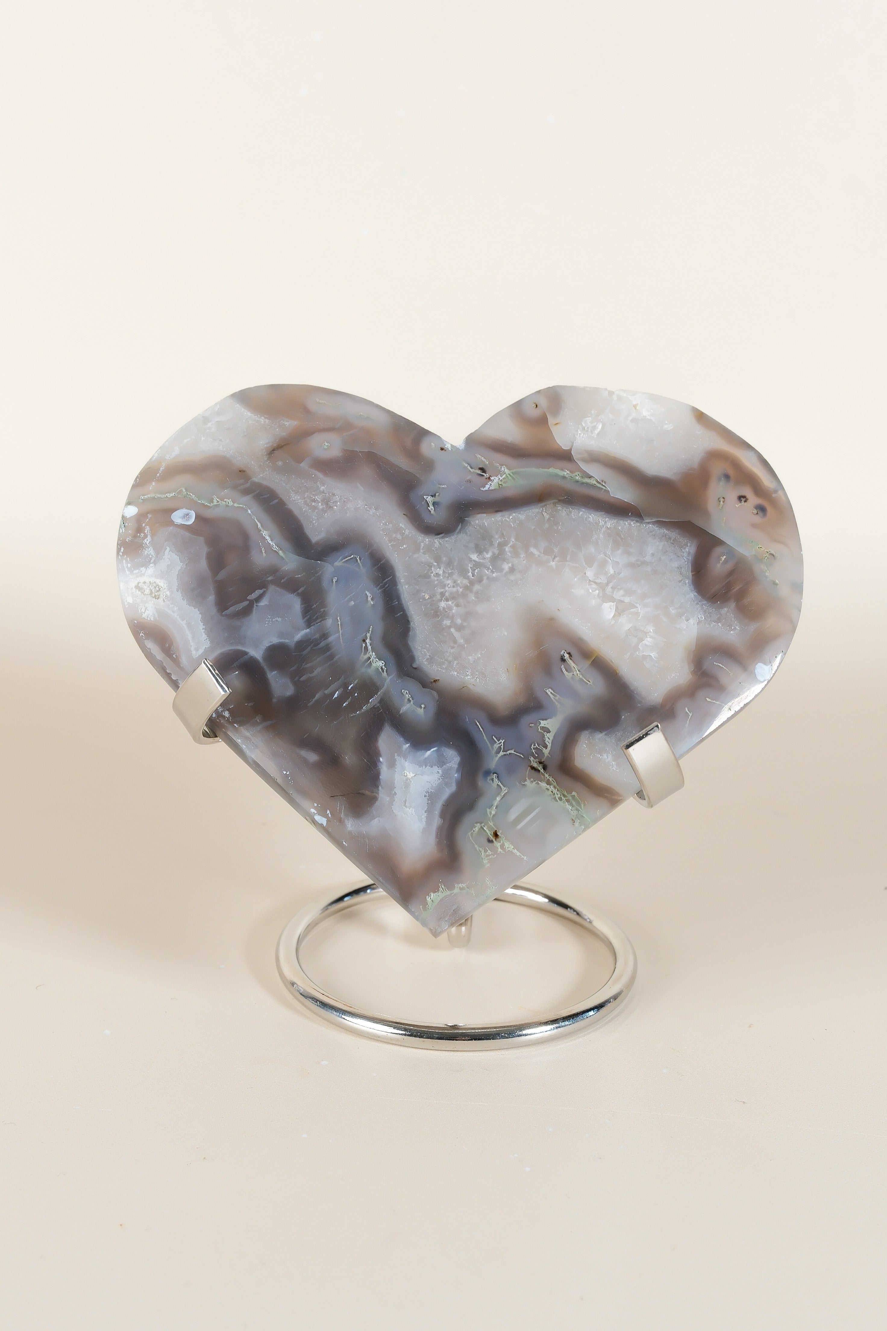 Moss Agate Heart On Stand