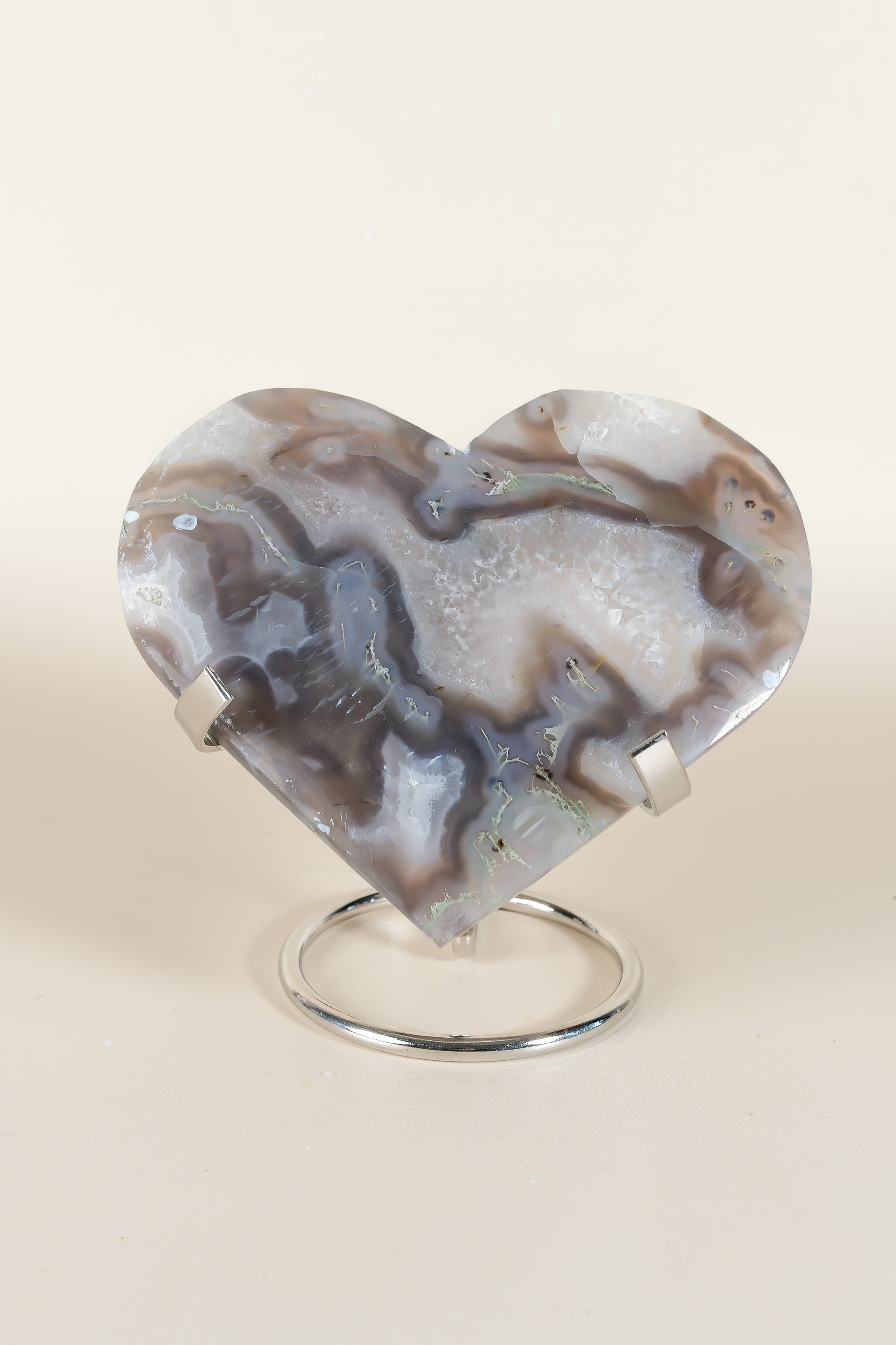 Moss Agate Heart On Stand