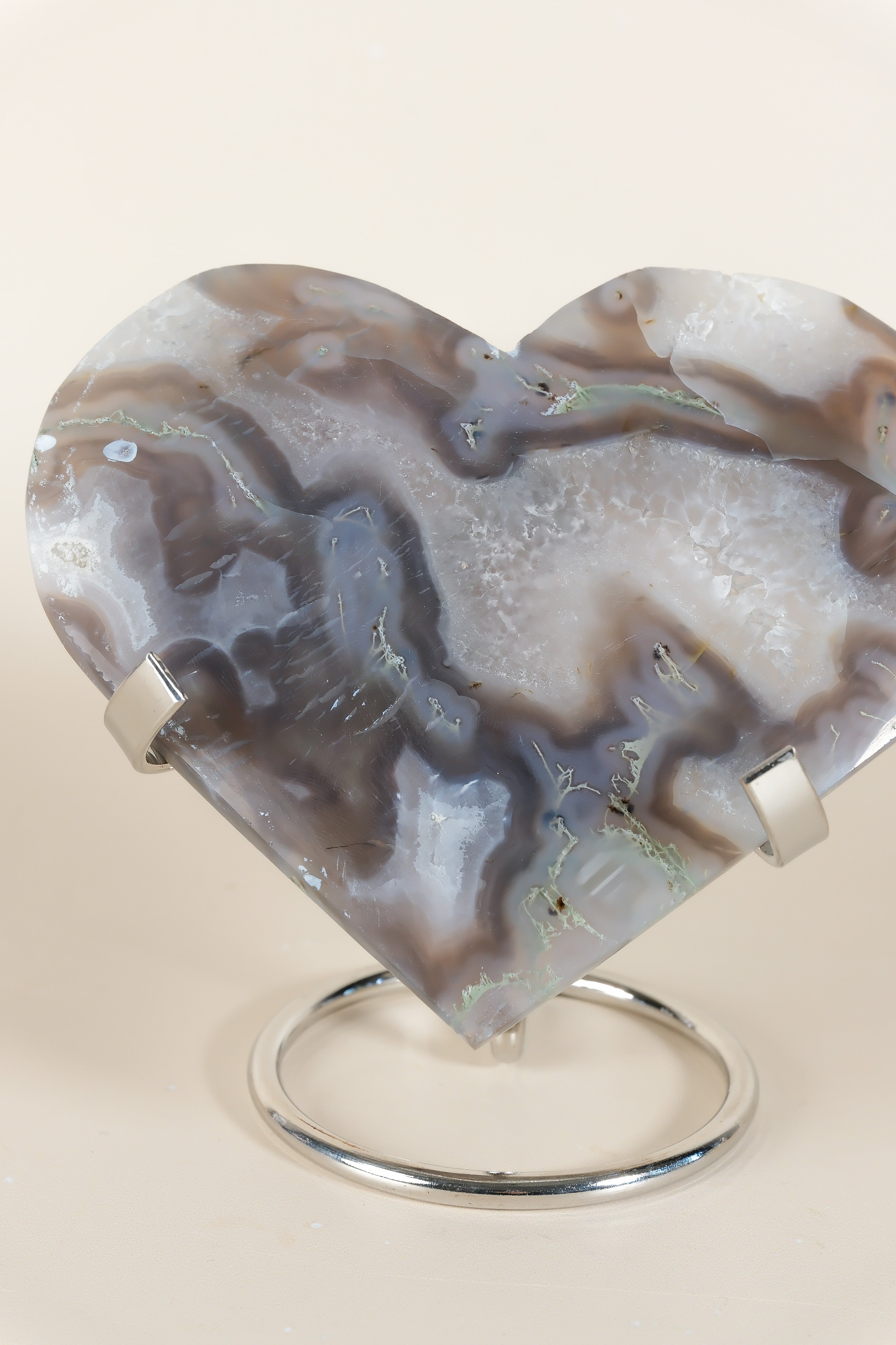 Moss Agate Heart On Stand