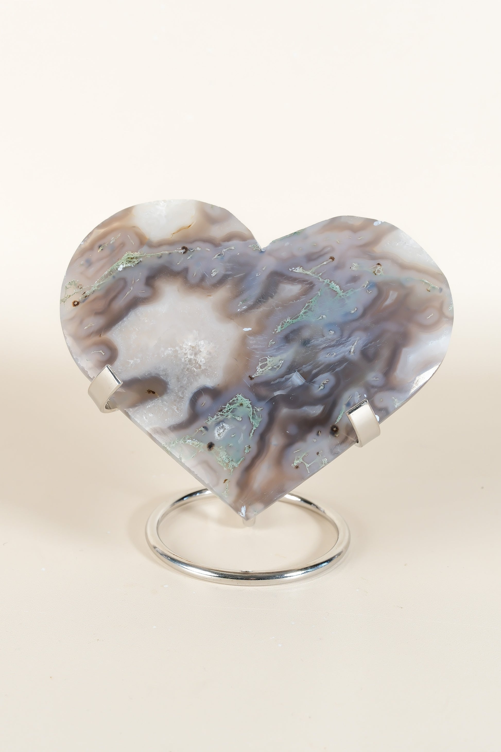 Moss Agate Heart On Stand