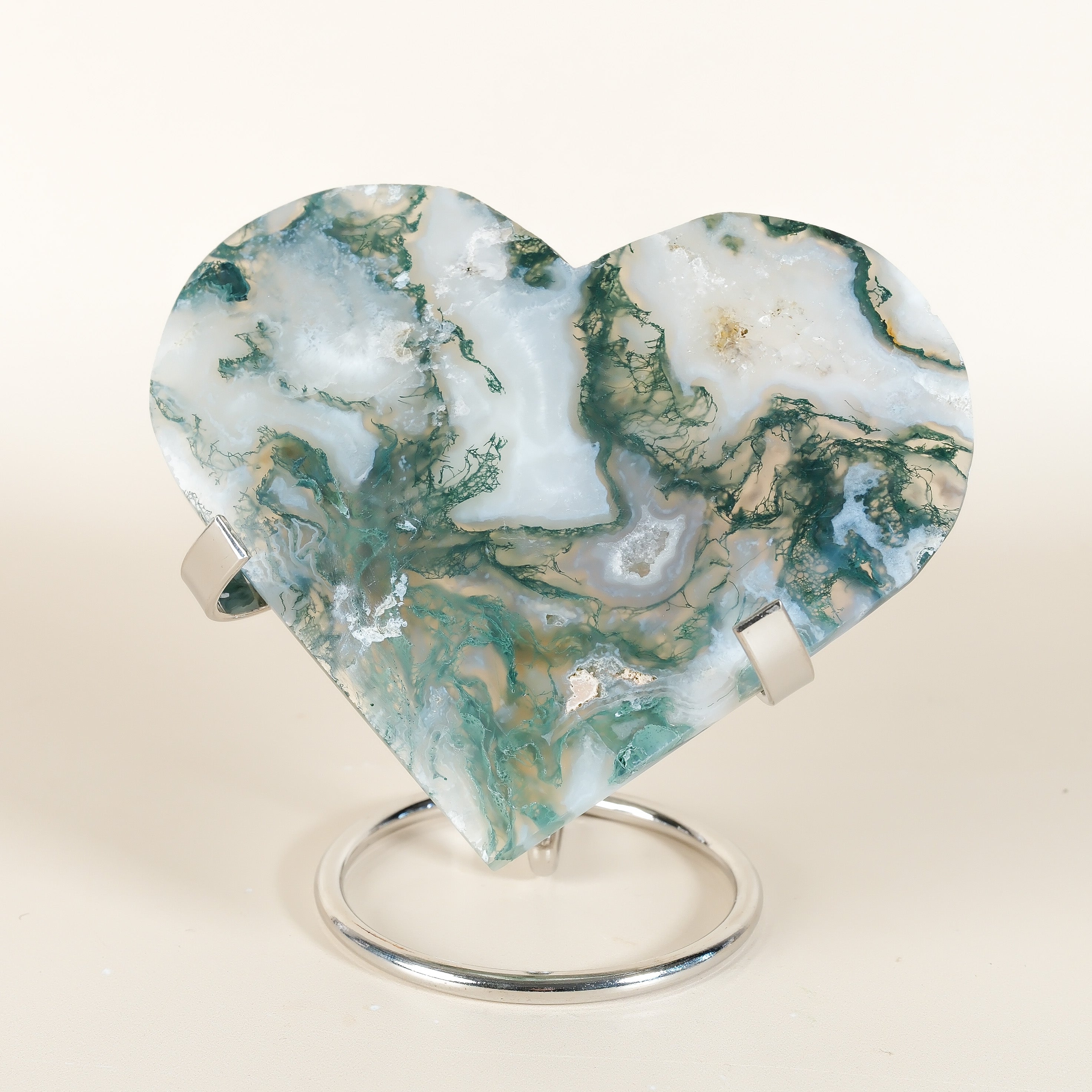 Moss Agate Heart On Stand