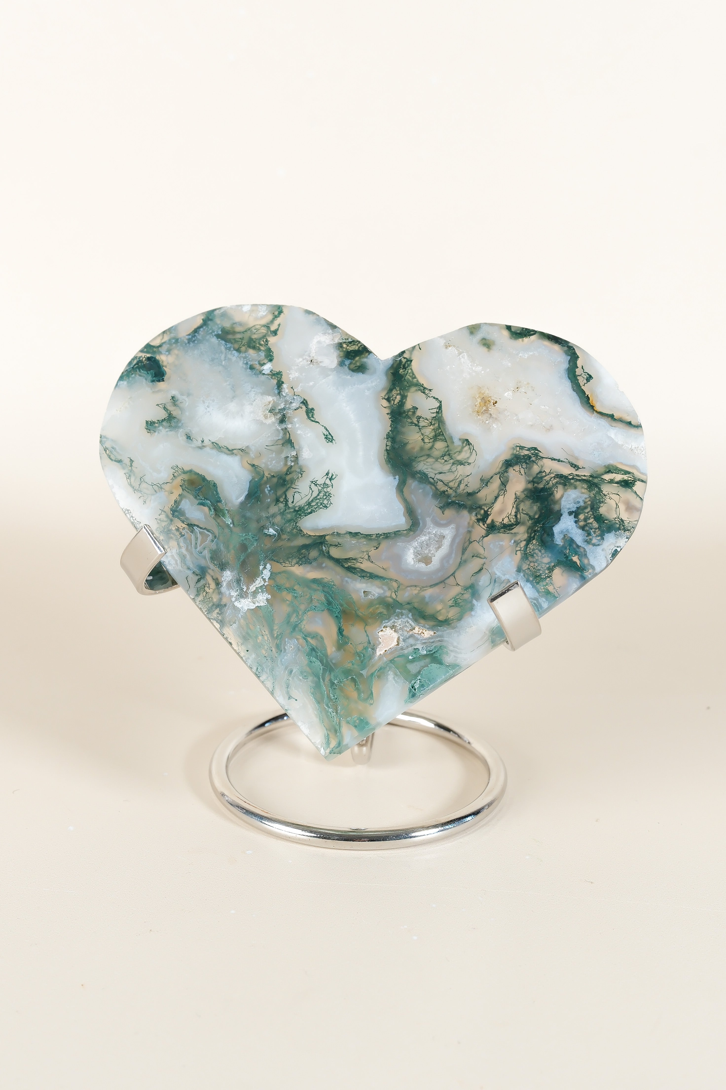 Moss Agate Heart On Stand