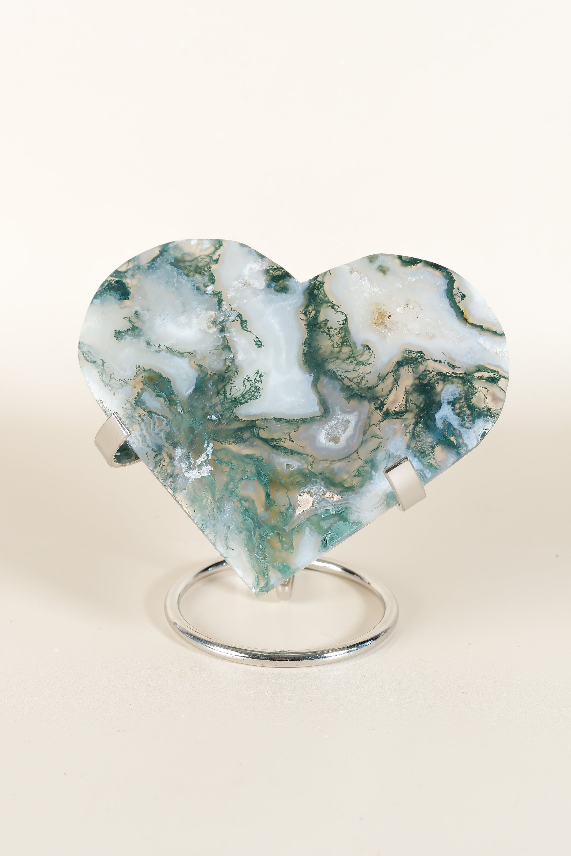 Moss Agate Heart On Stand