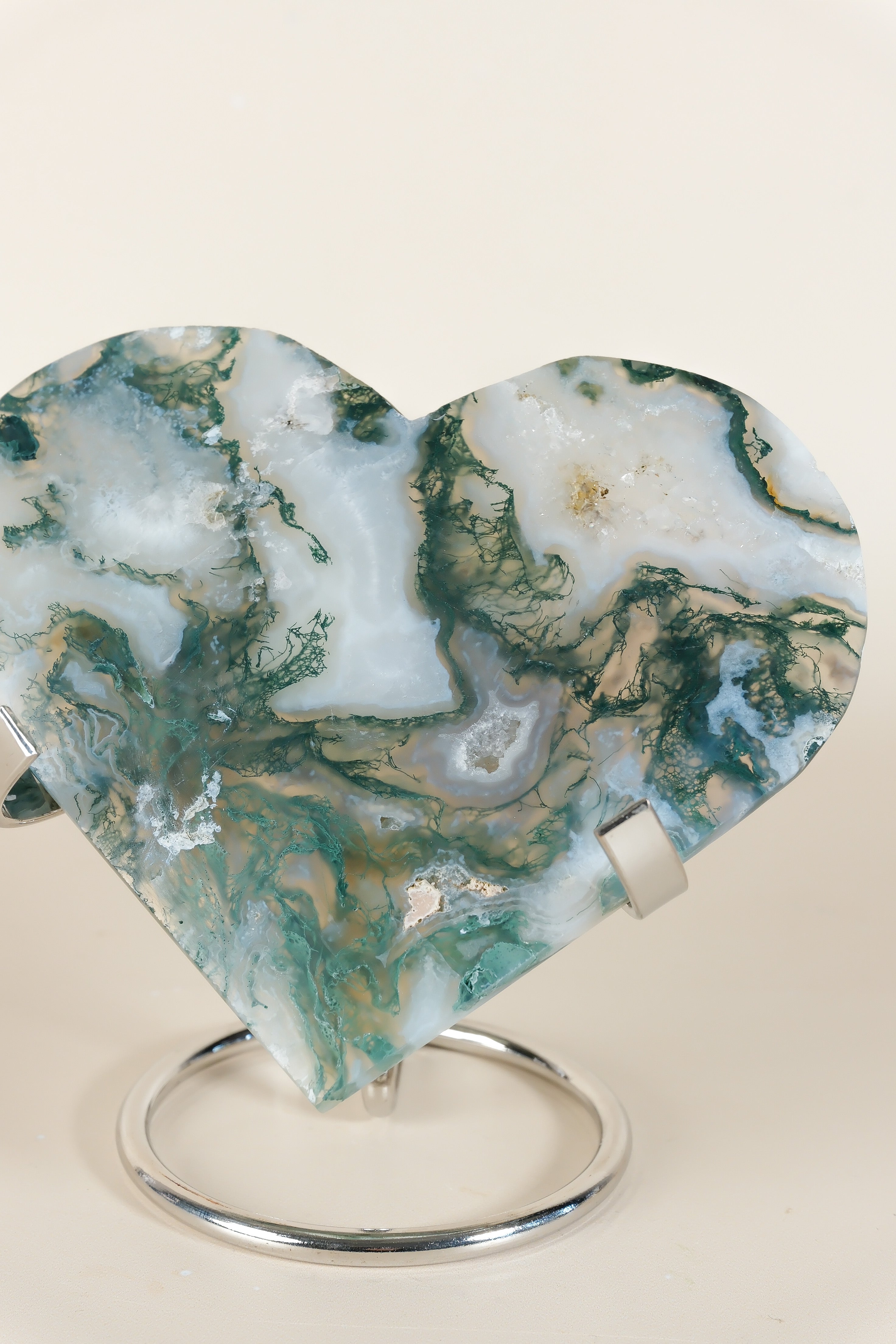 Moss Agate Heart On Stand