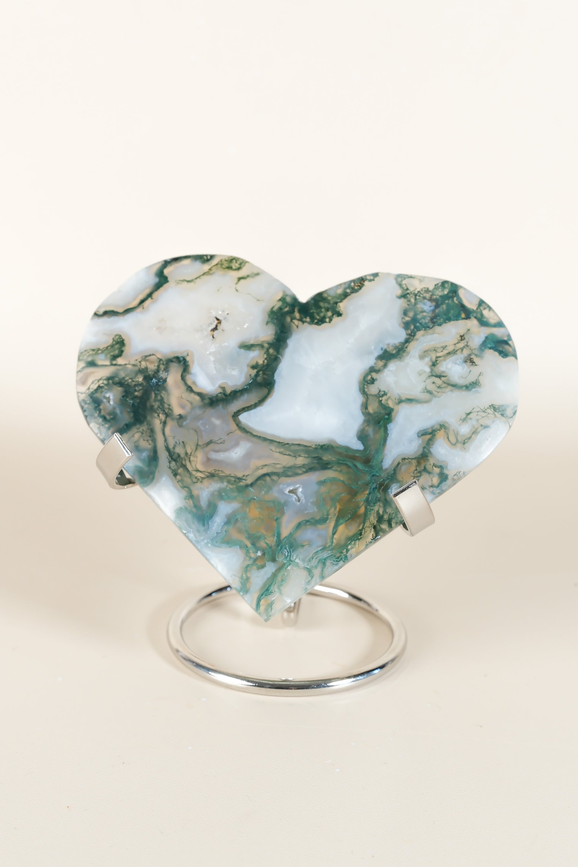 Moss Agate Heart On Stand