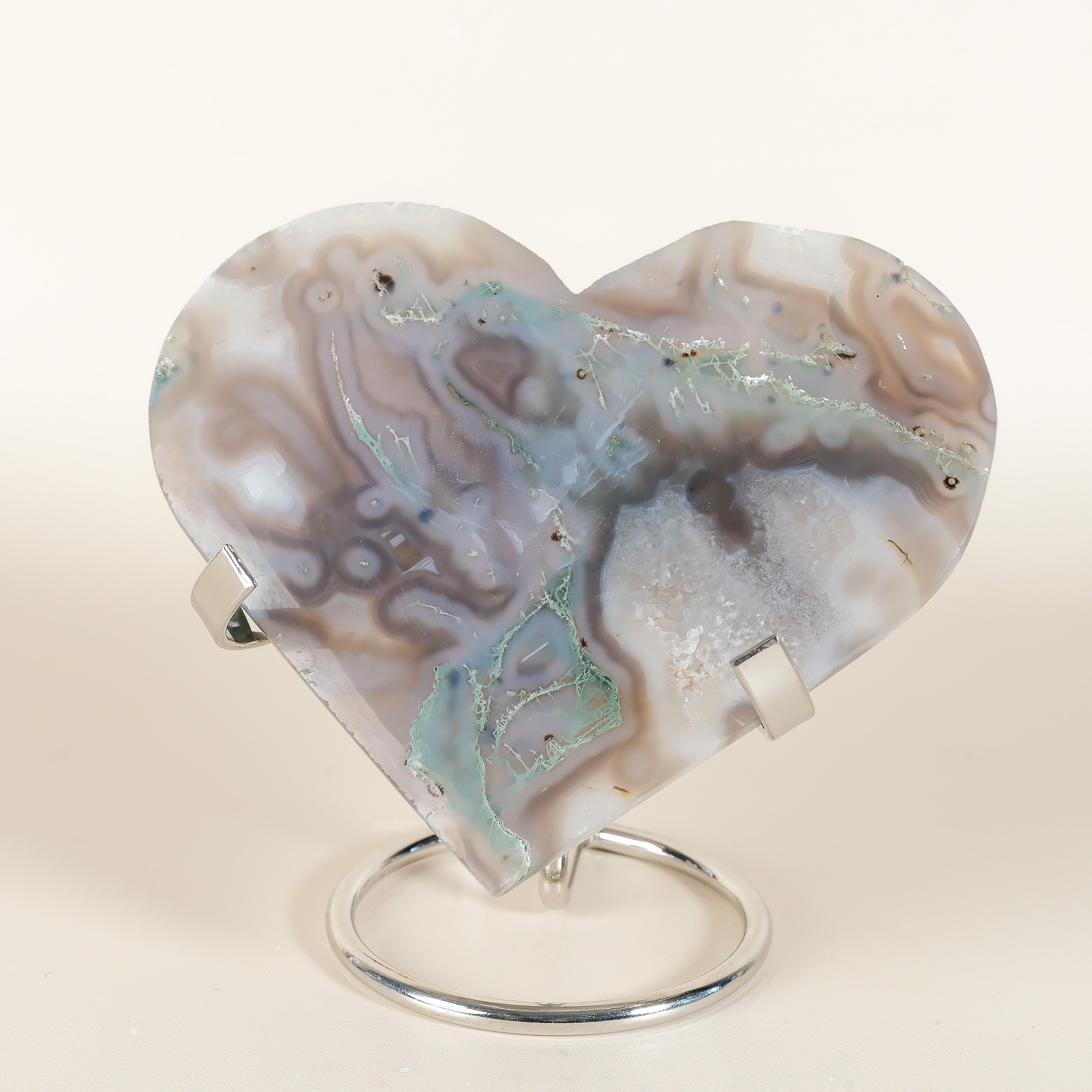Moss Agate Heart On Stand