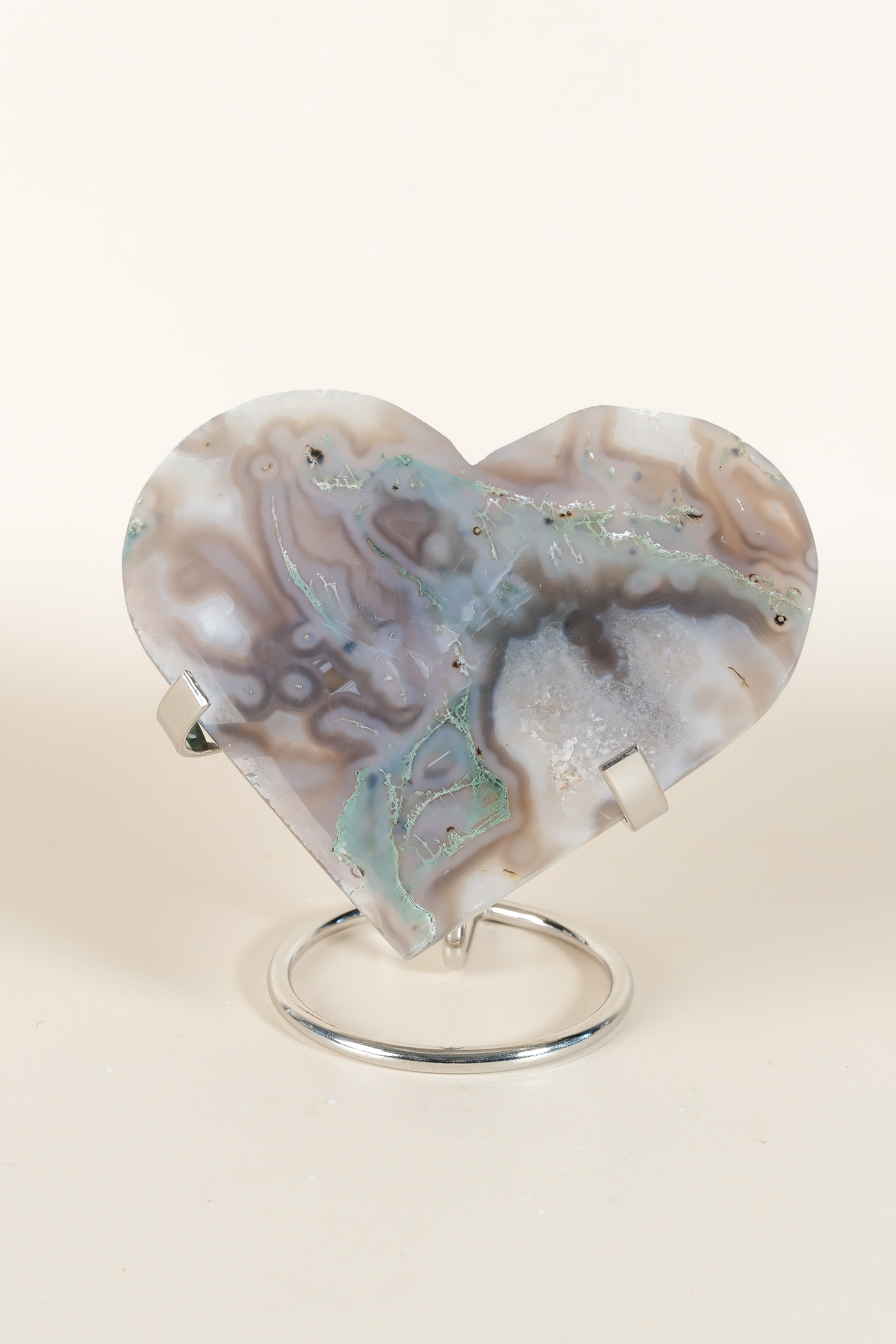 Moss Agate Heart On Stand