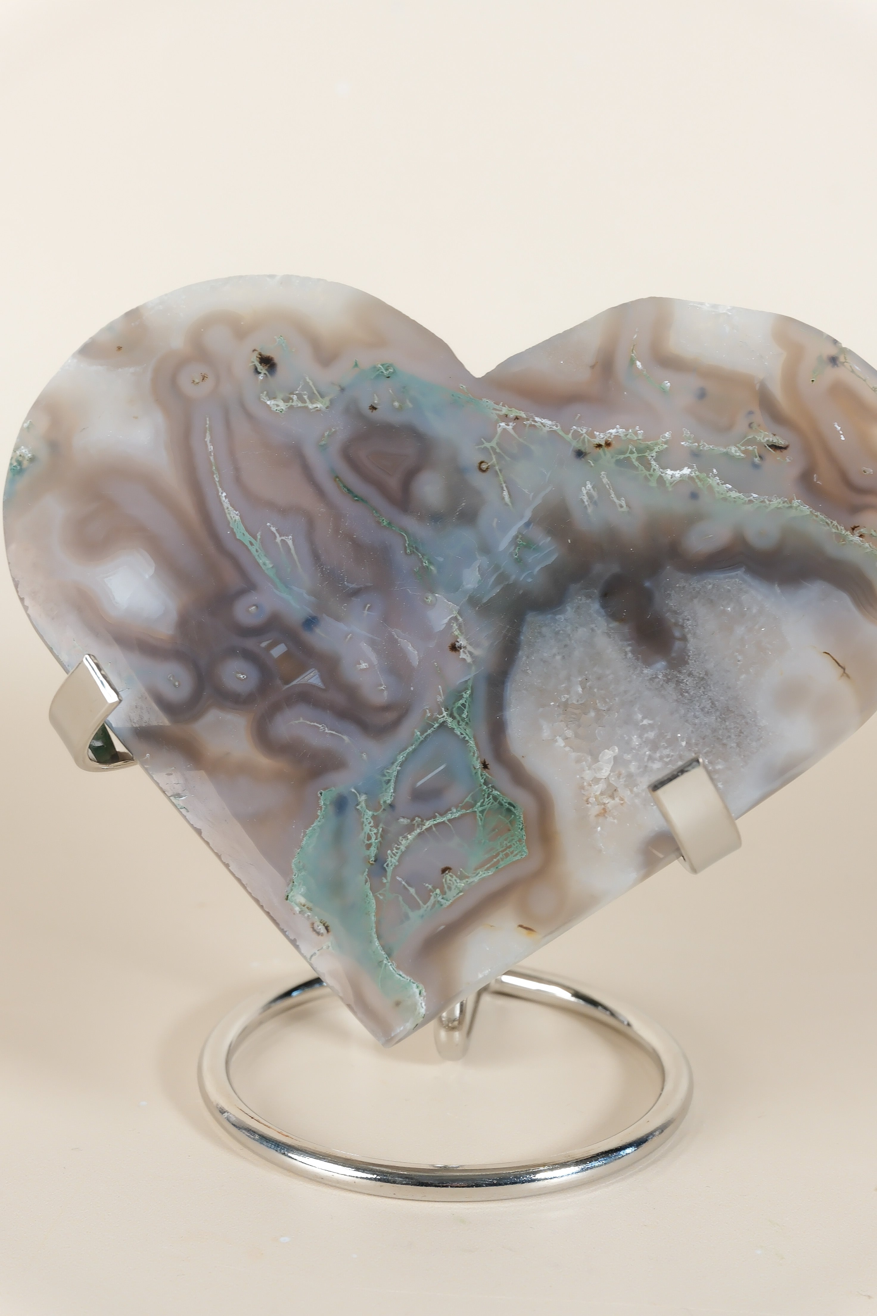 Moss Agate Heart On Stand