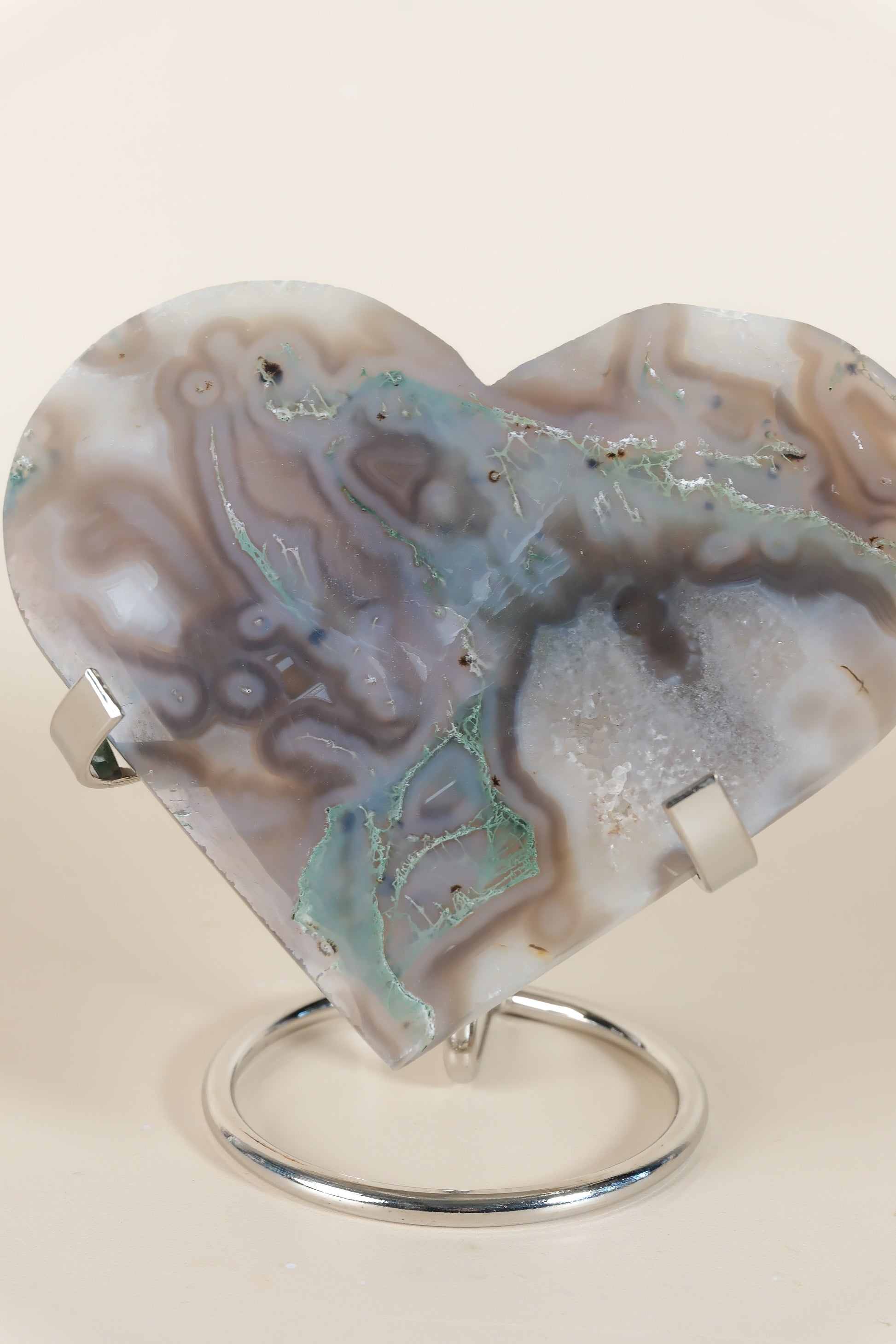 Moss Agate Heart On Stand