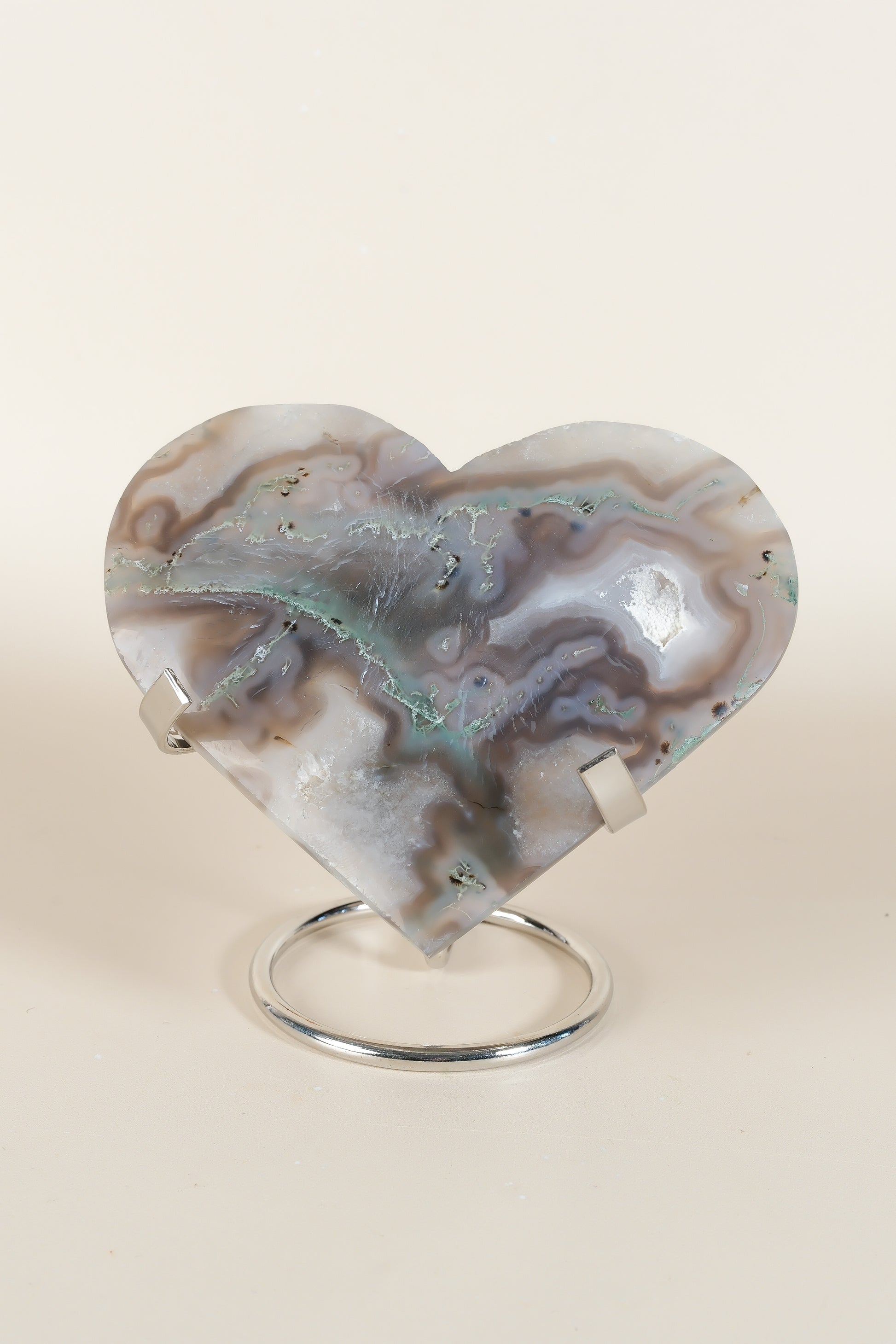 Moss Agate Heart On Stand