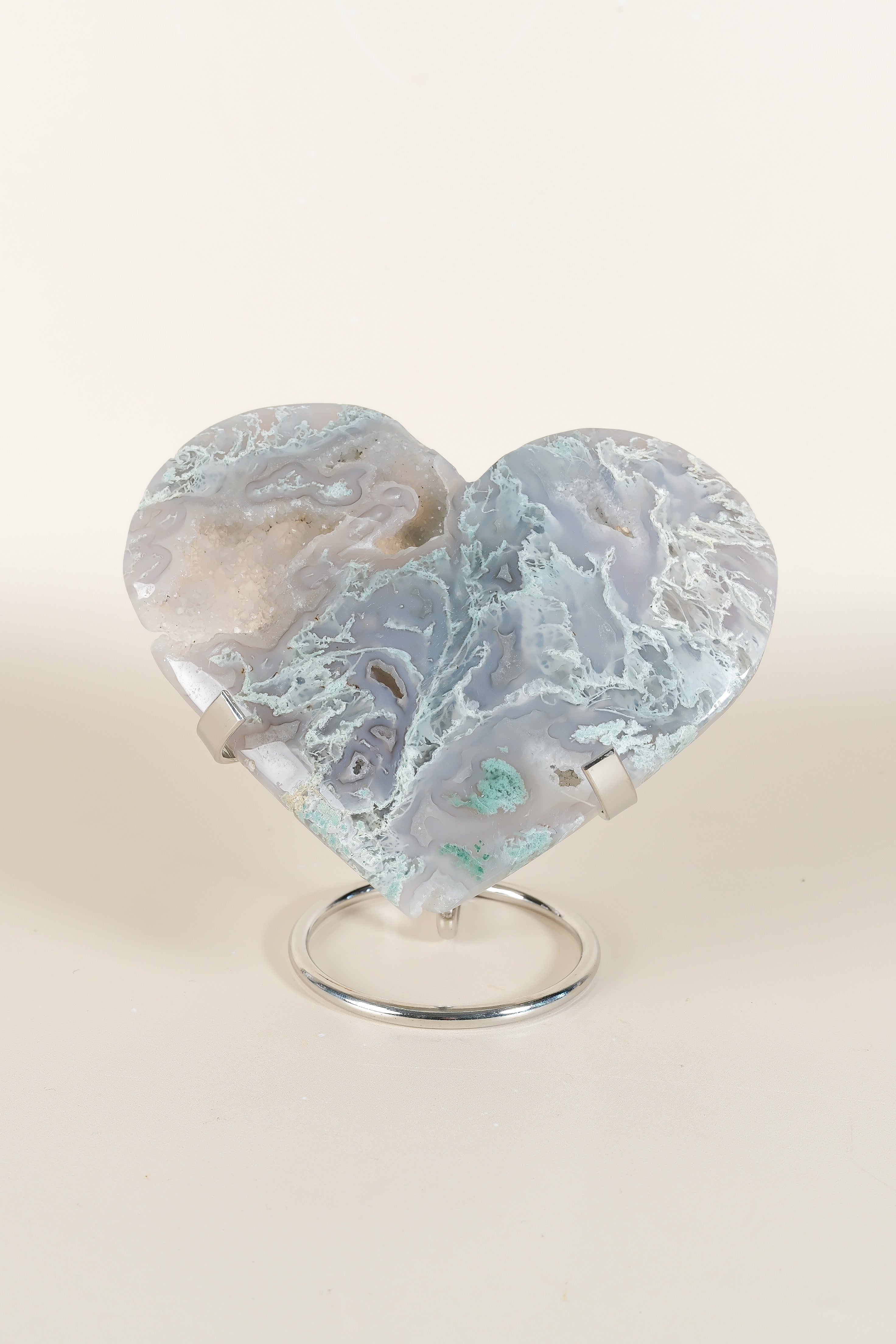 Moss Agate Heart On Stand
