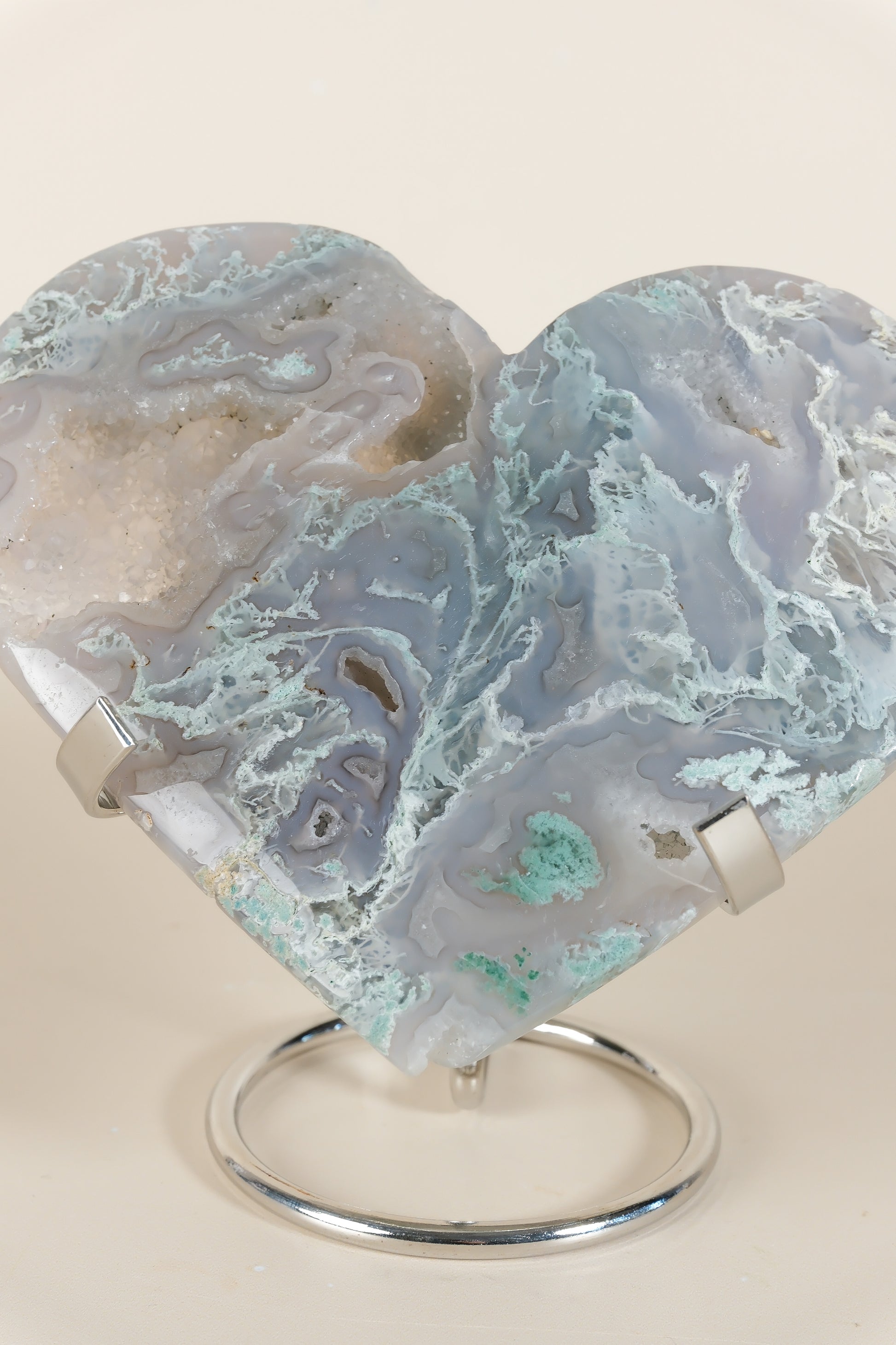 Moss Agate Heart On Stand