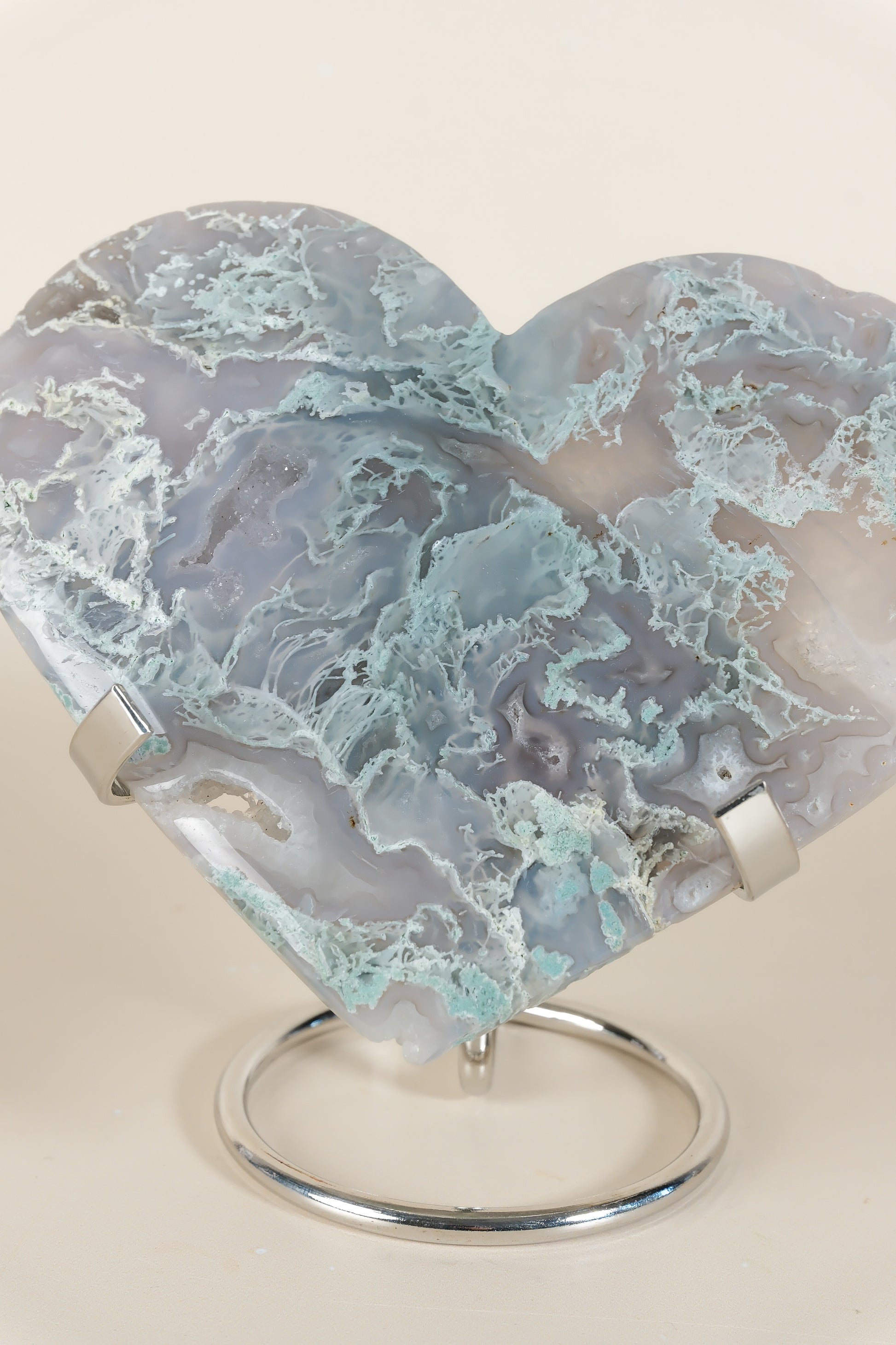 Moss Agate Heart On Stand