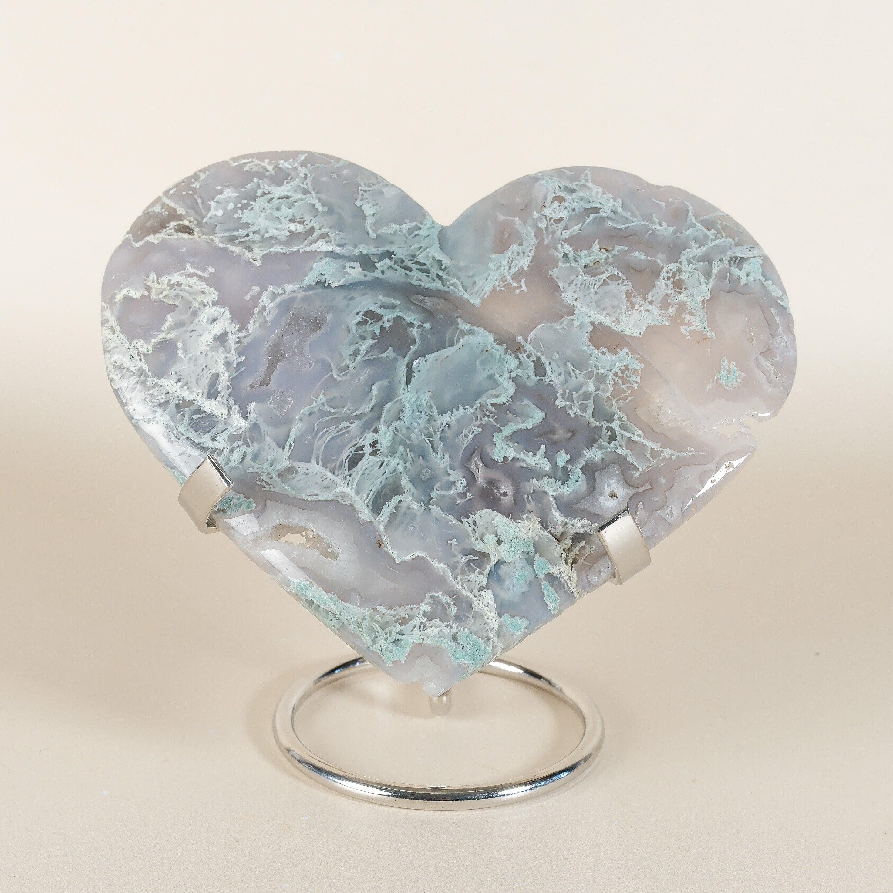 Moss Agate Heart On Stand