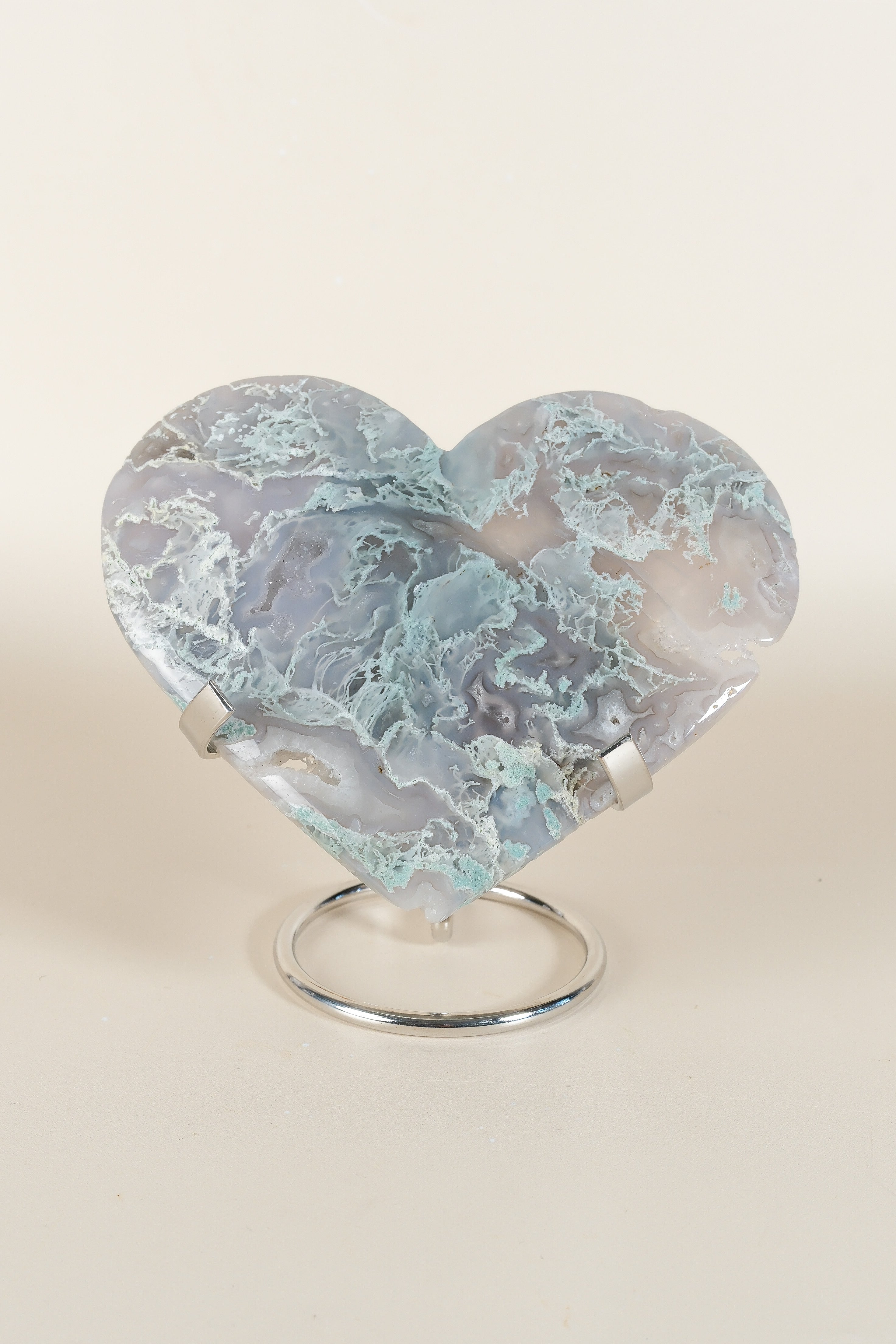 Moss Agate Heart On Stand