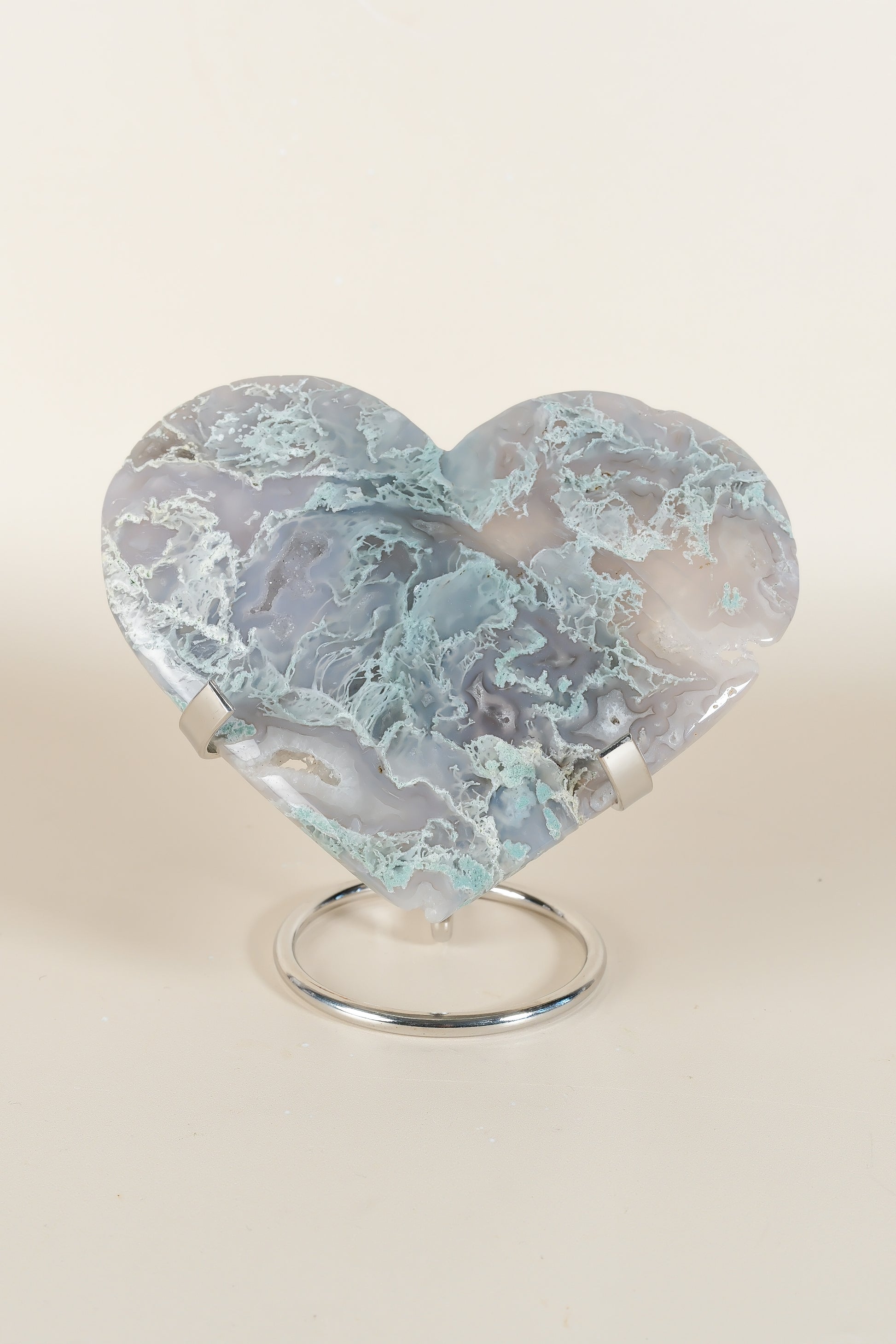 Moss Agate Heart On Stand