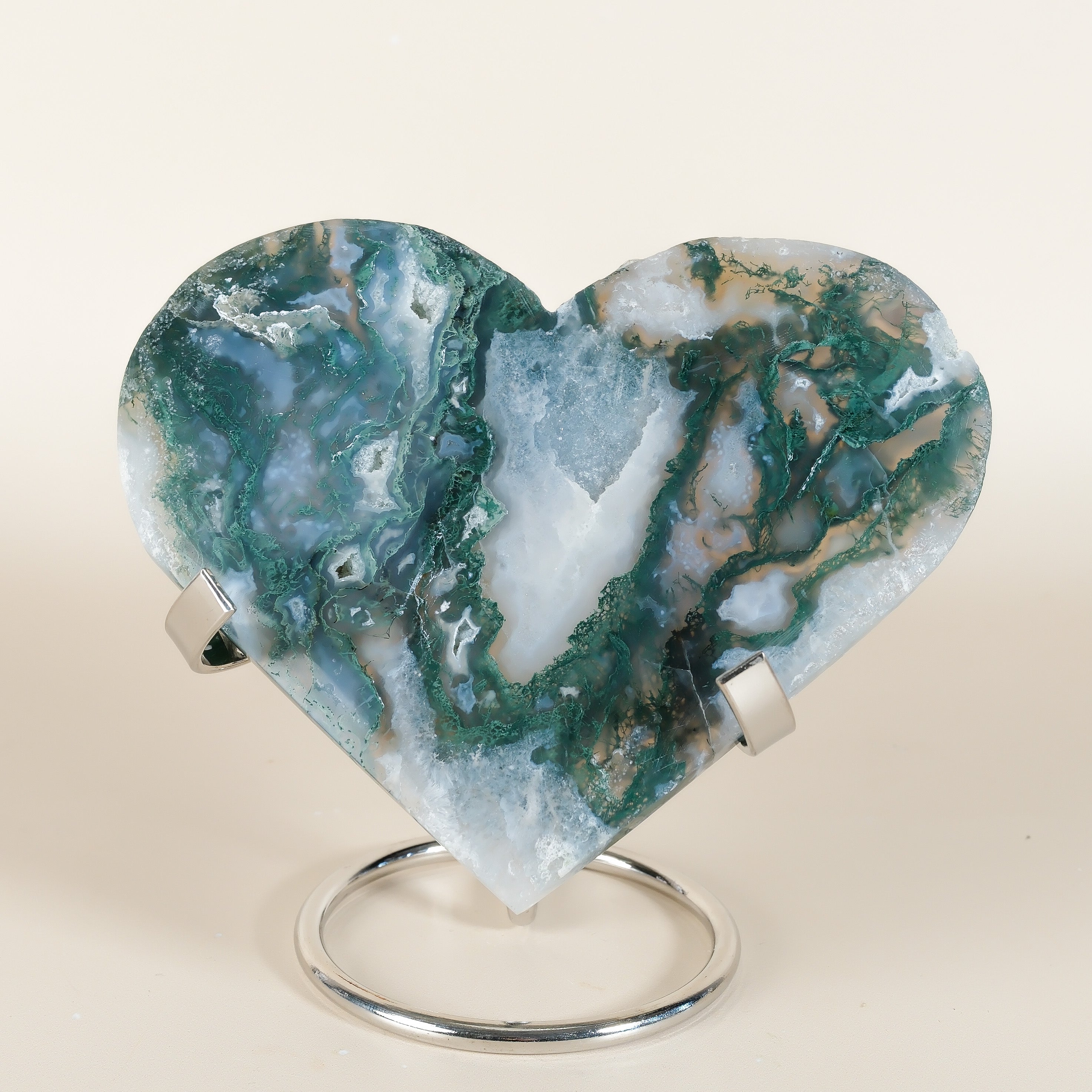 Moss Agate Heart On Stand