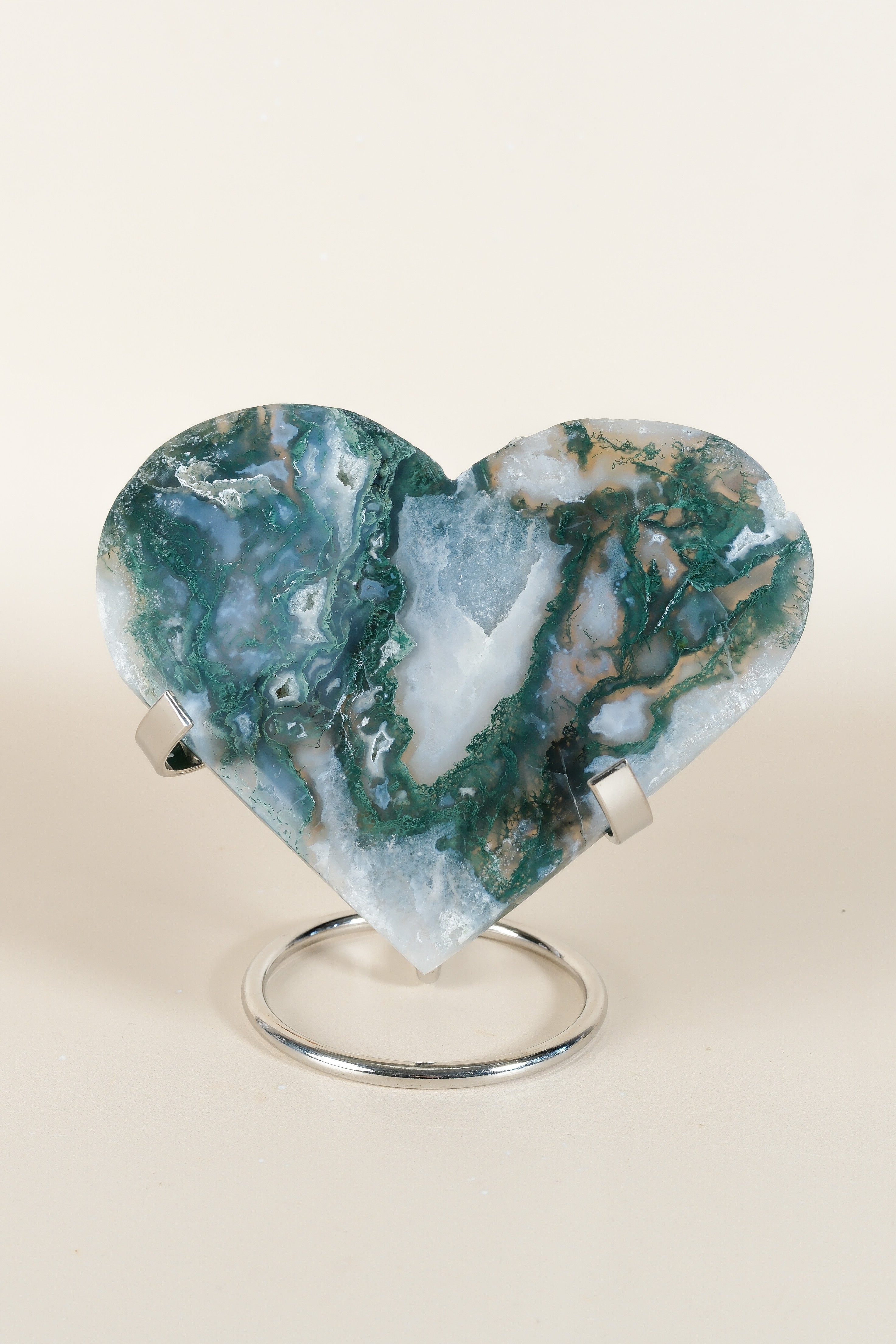 Moss Agate Heart On Stand