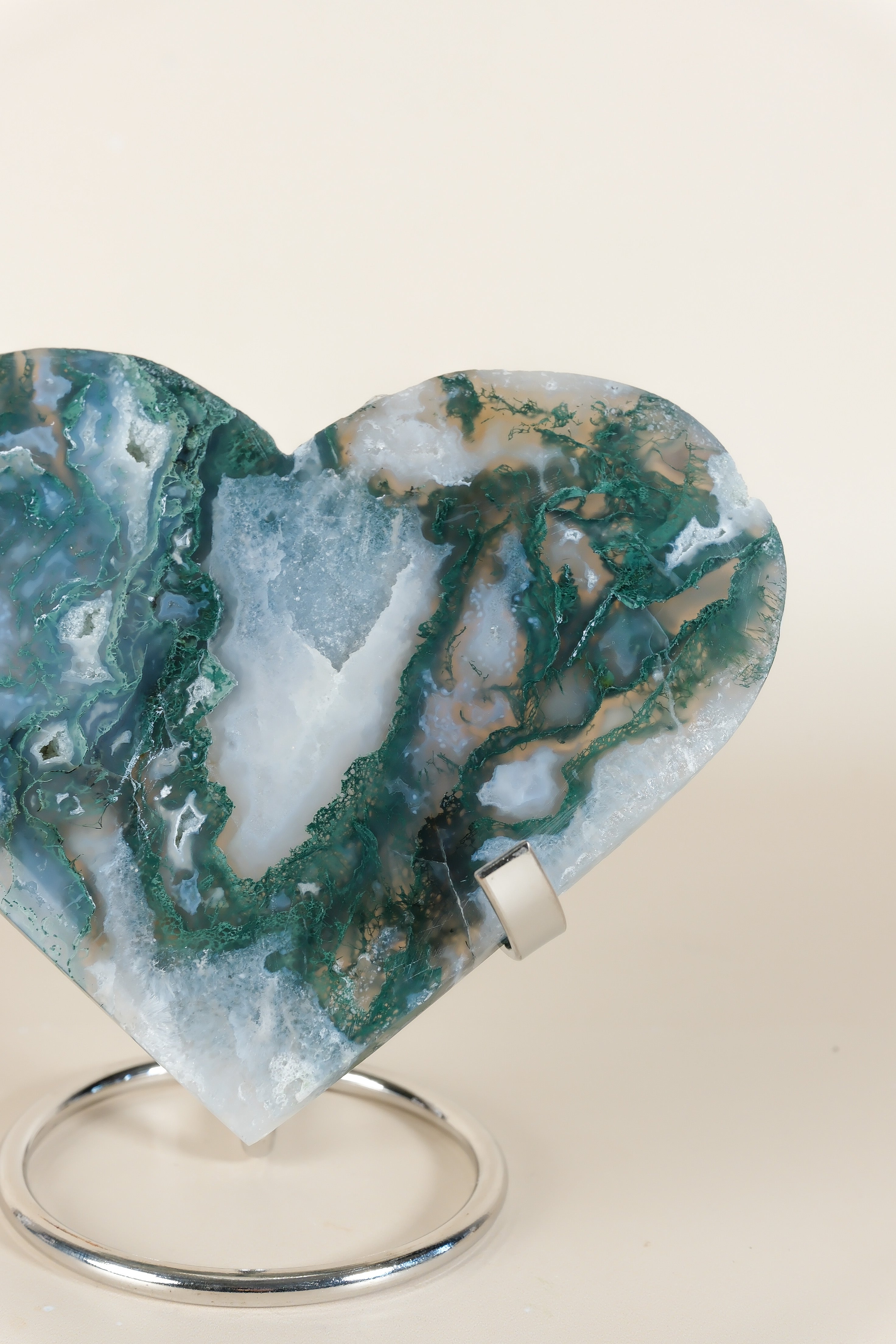 Moss Agate Heart On Stand