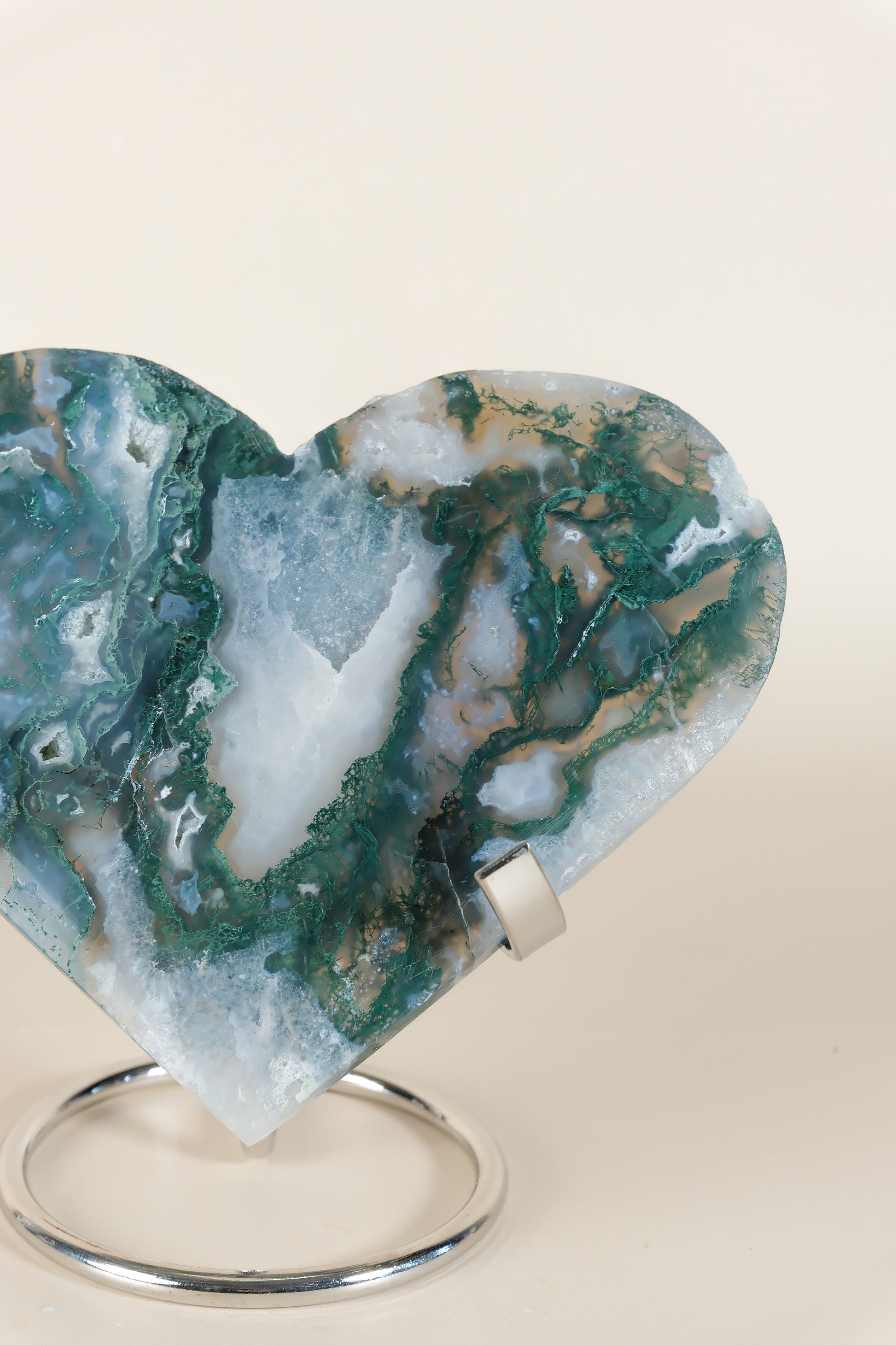 Moss Agate Heart On Stand