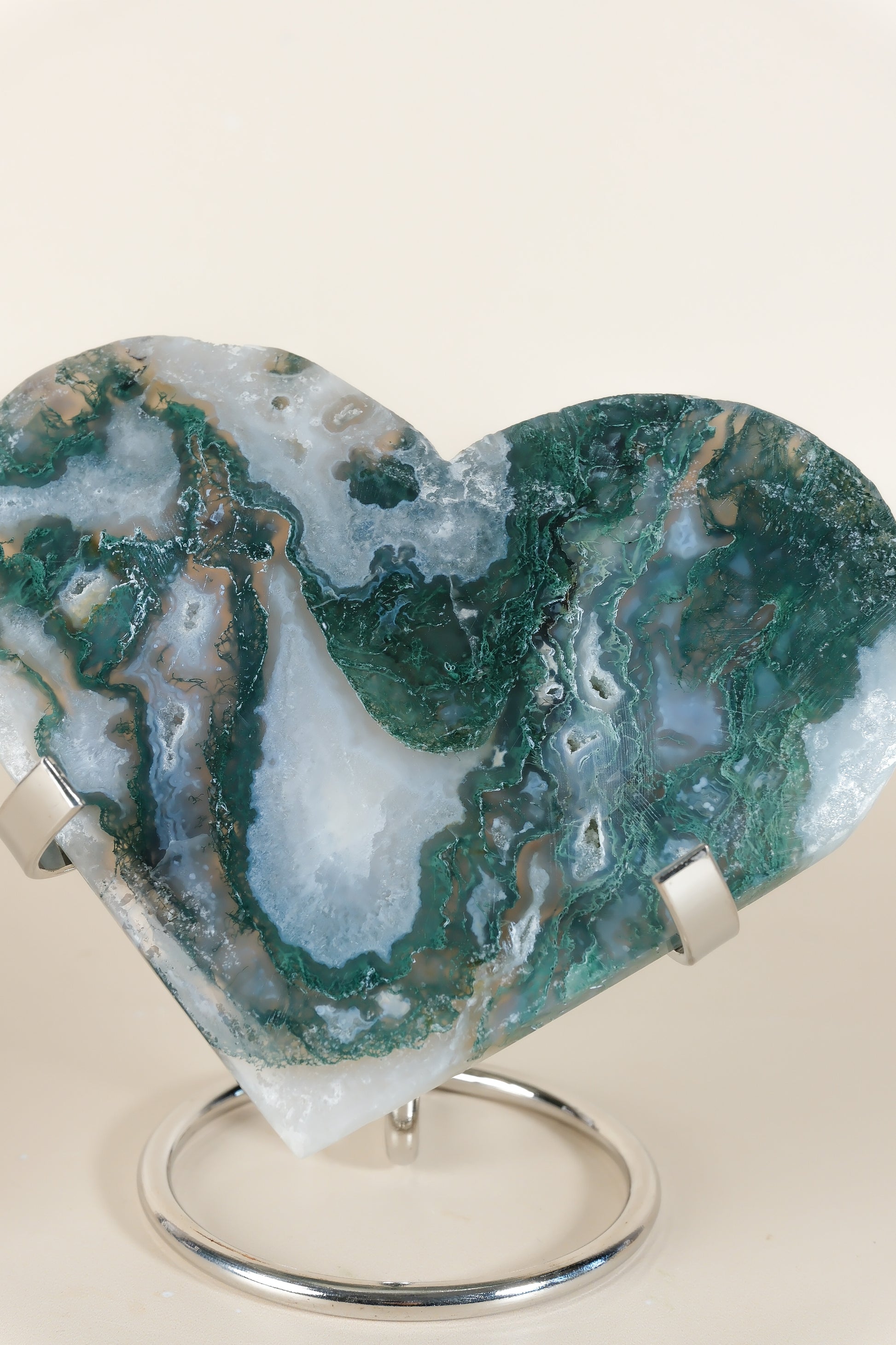 Moss Agate Heart On Stand