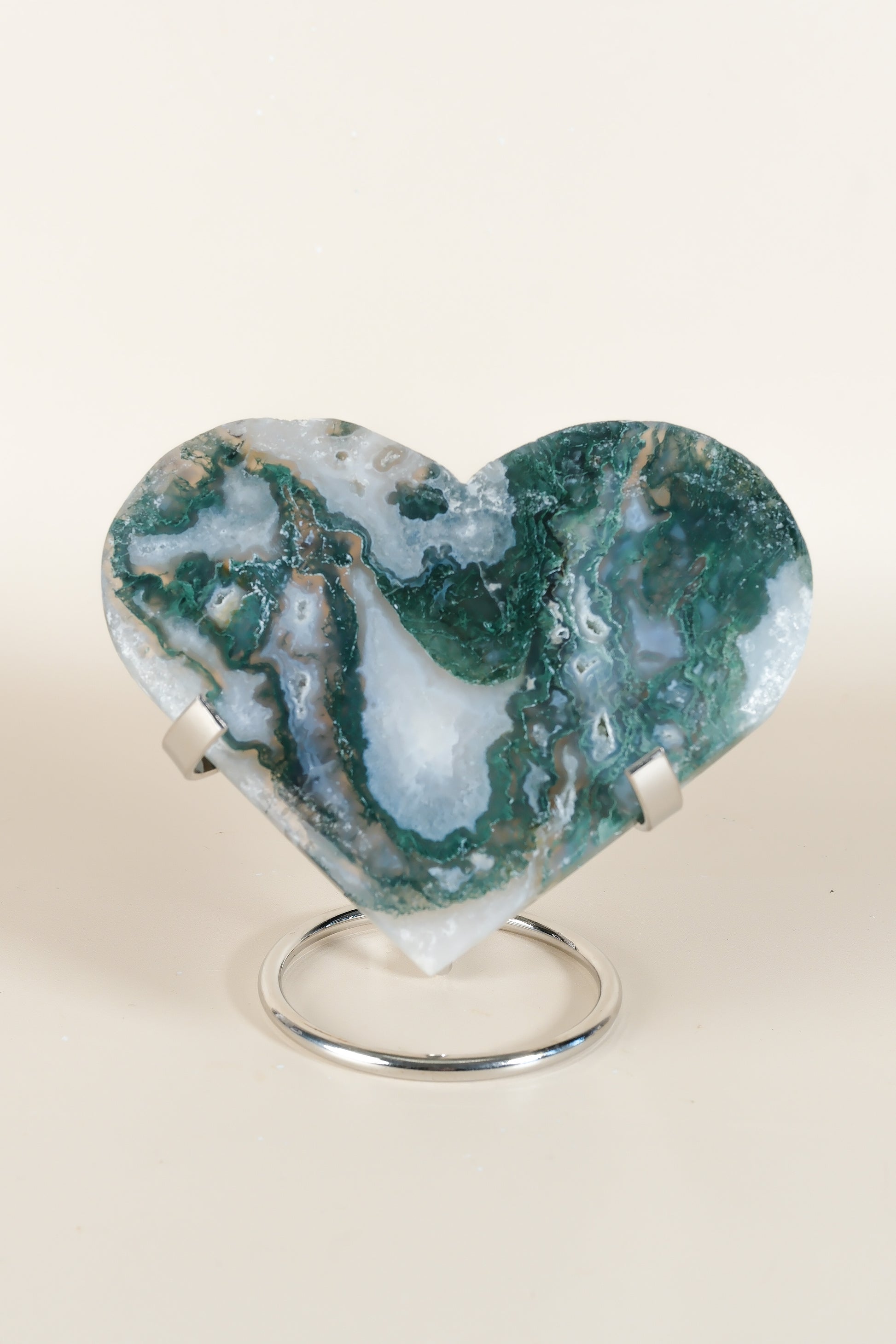 Moss Agate Heart On Stand
