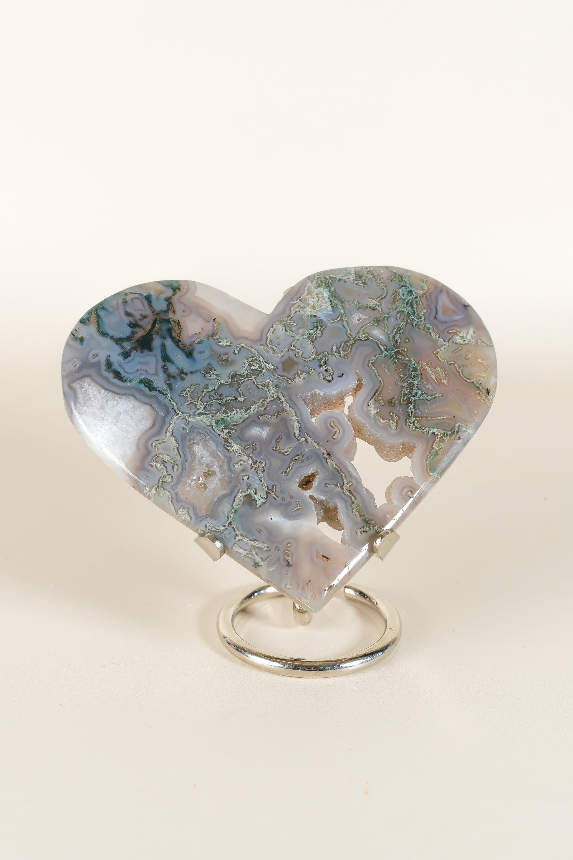 Moss Agate Heart On Stand