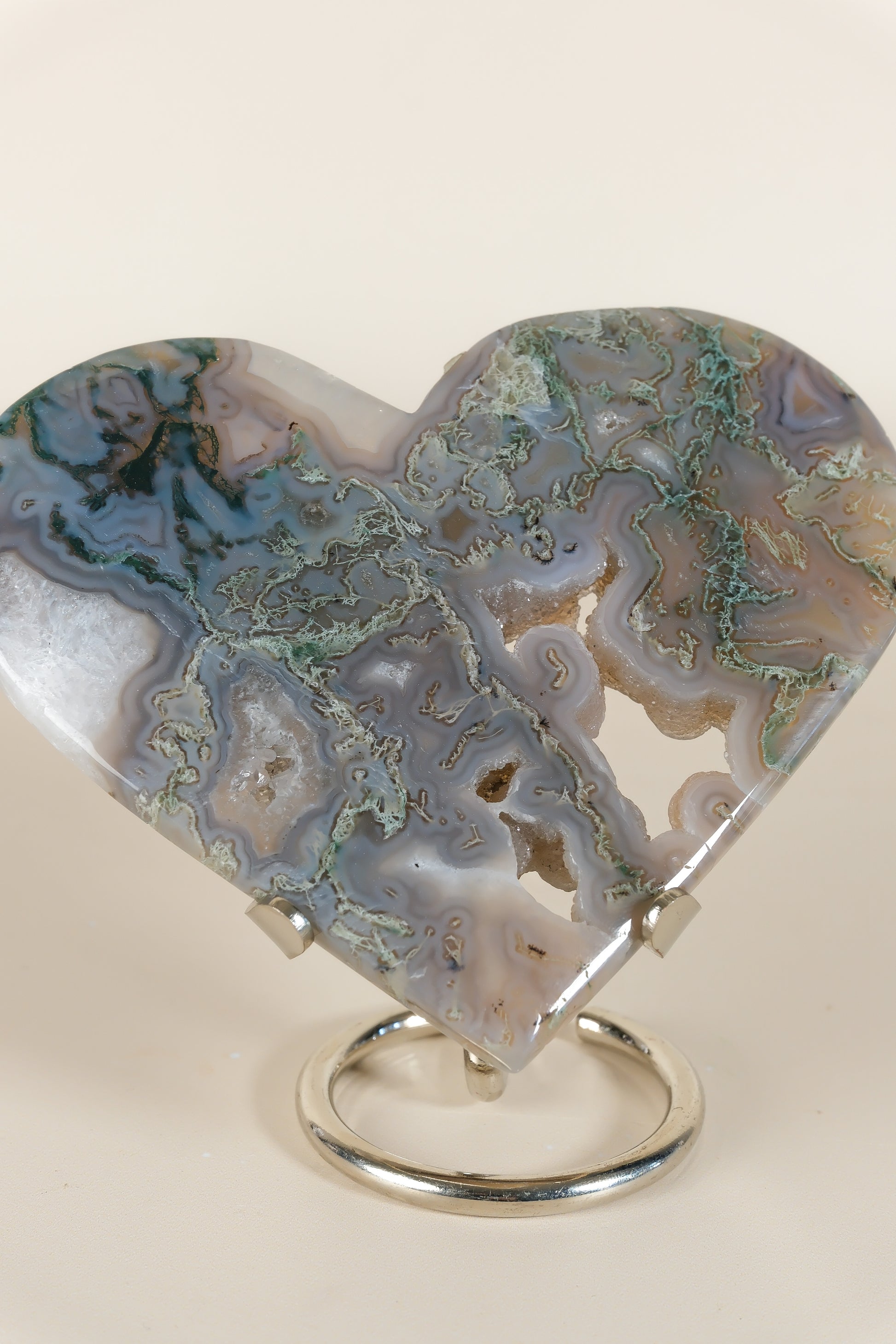 Moss Agate Heart On Stand