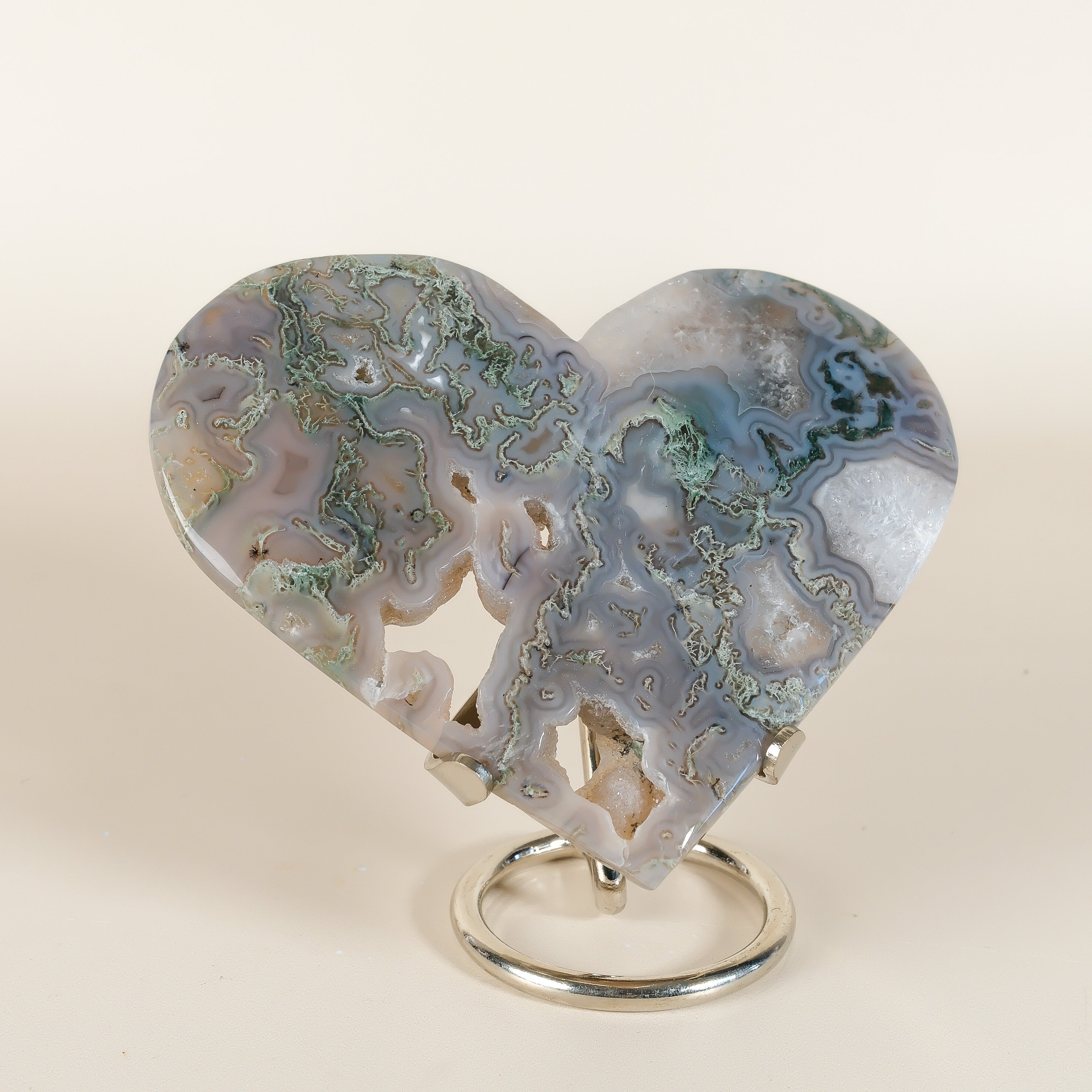 Moss Agate Heart On Stand